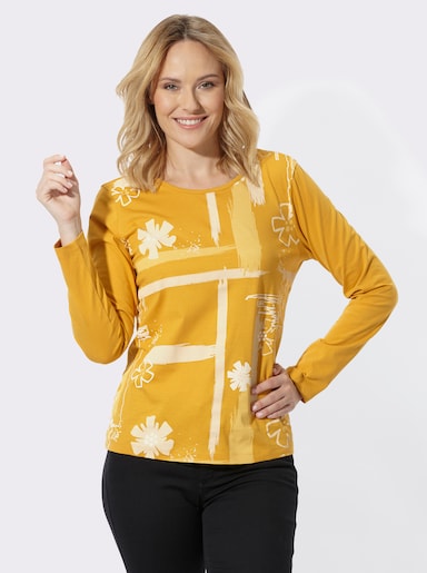 Rundhalsshirt mit Druckmuster vorne - ocker-vanille-bedruckt
