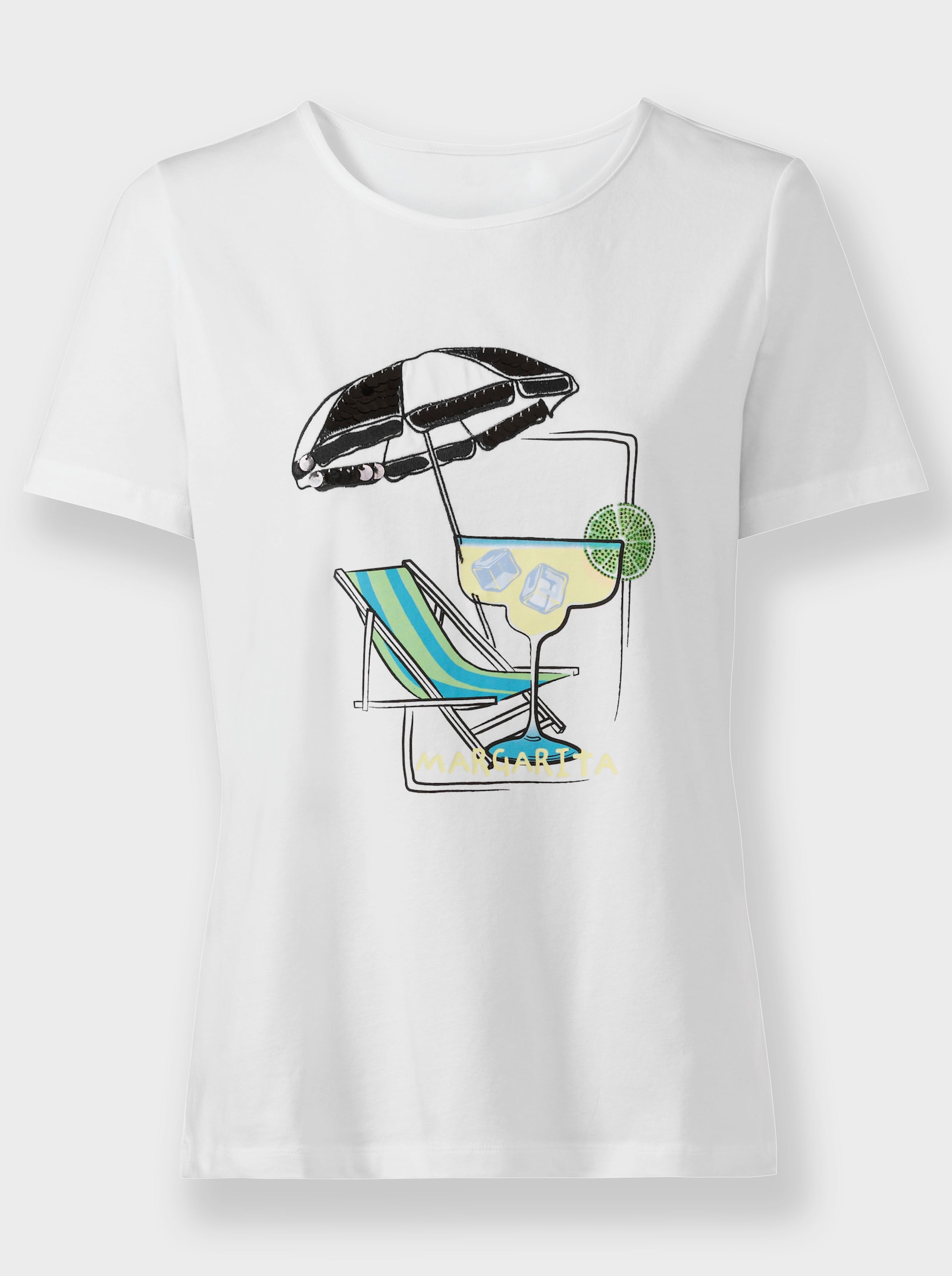 heine Kurzarmshirt mit Pailletten und Glitzersteinen - weiß-zitrone-bedruckt