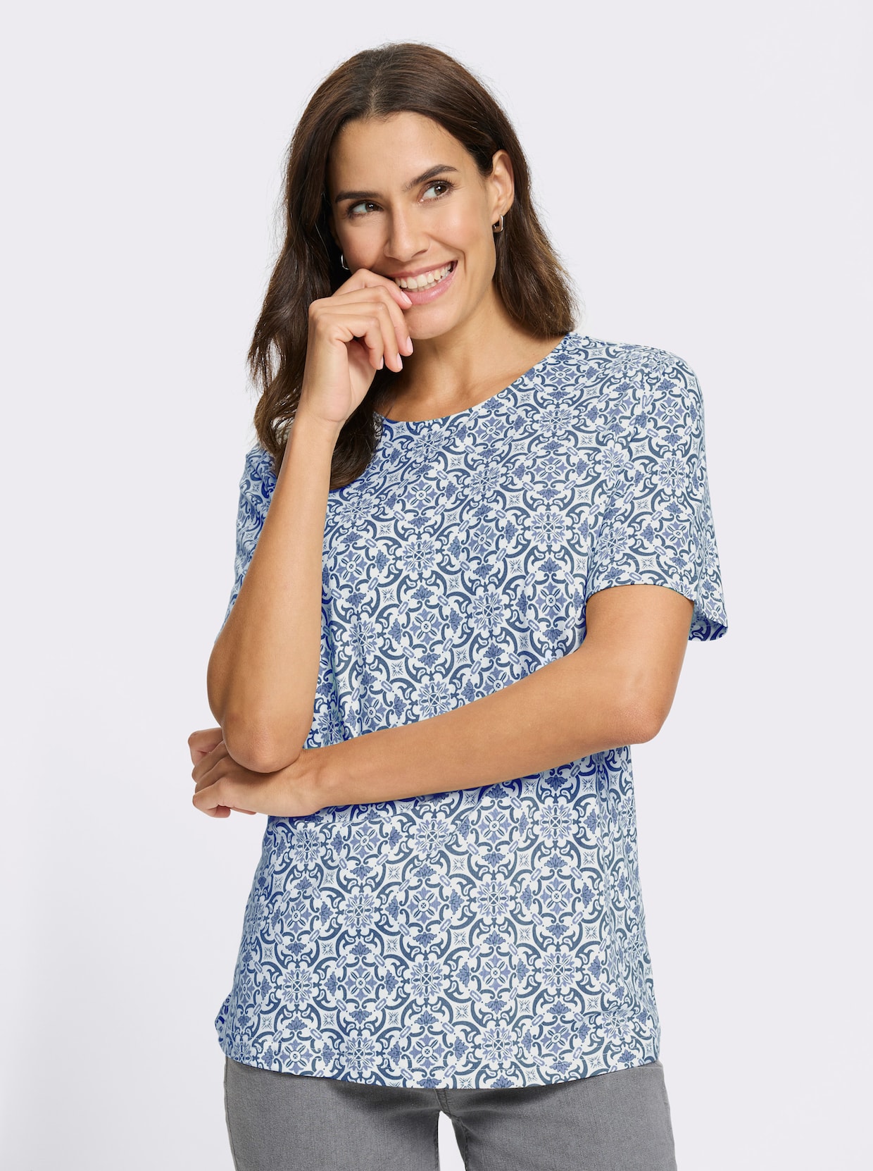 Print-Shirt - ecru-jeansblau-bedruckt
