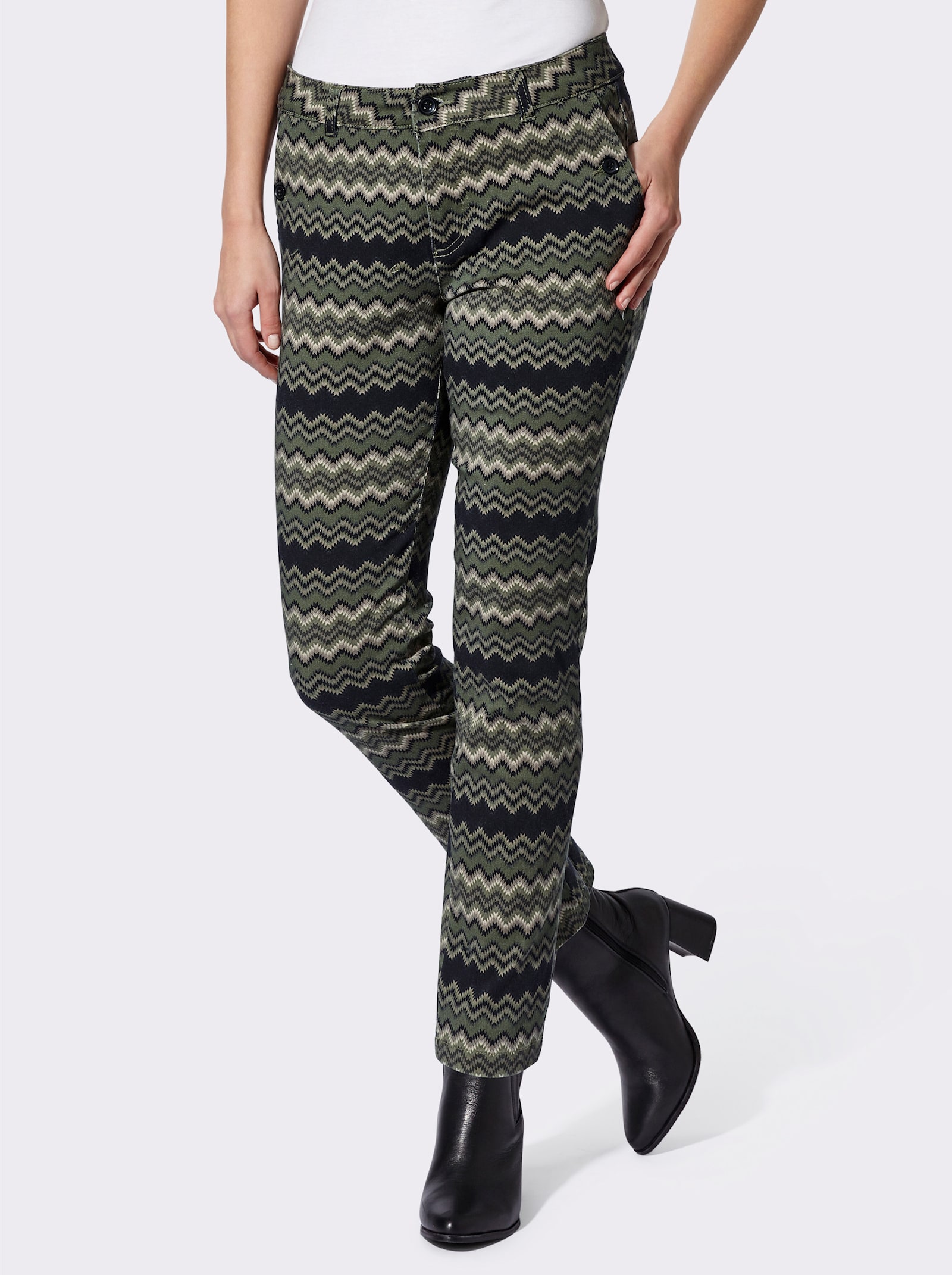 heine Baumwollhose mit Zick-Zack Muster - schwarz-khaki-bedruckt
