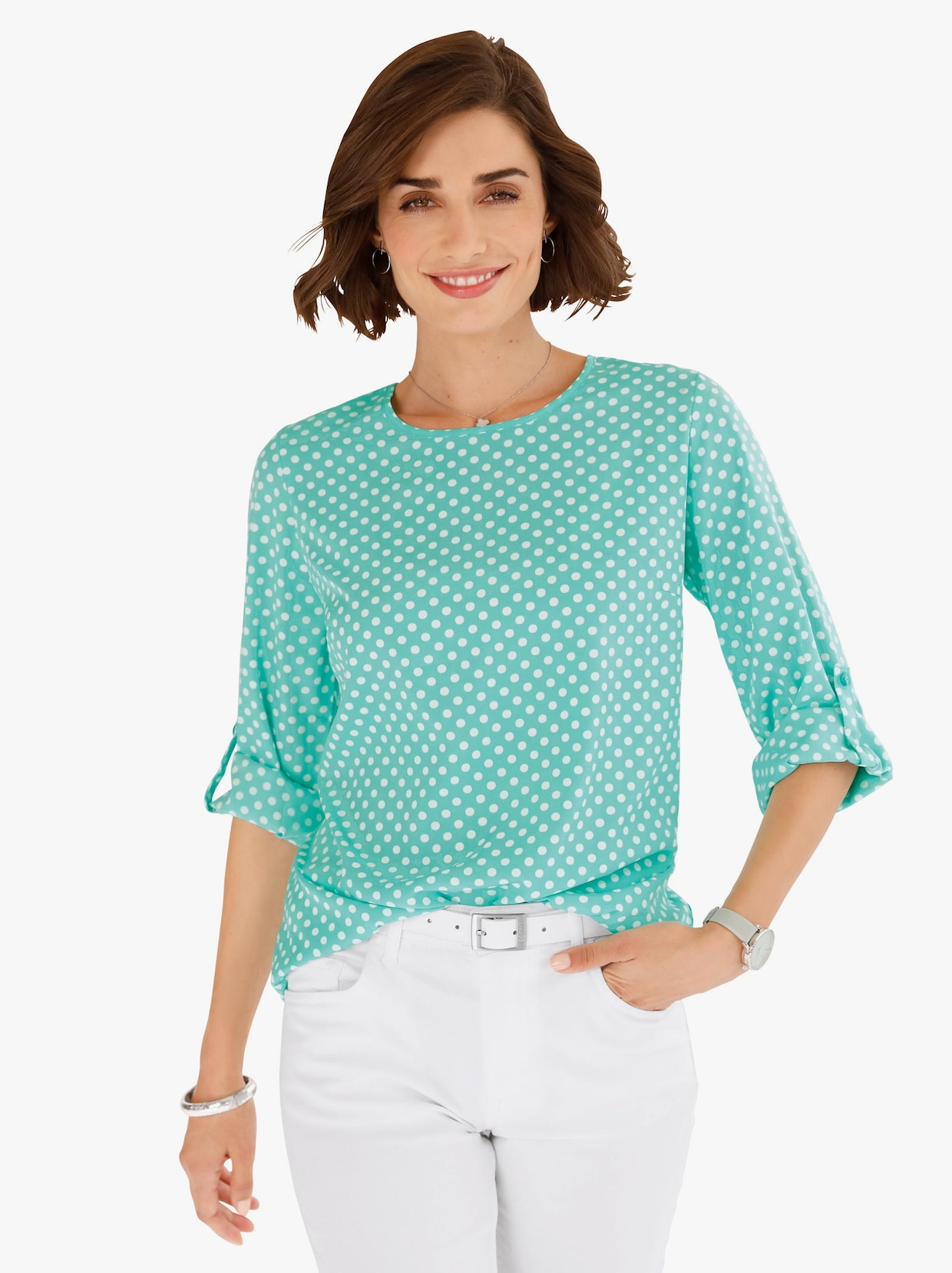 Comfortabele blouse - blauwgroen/wit gestippeld
