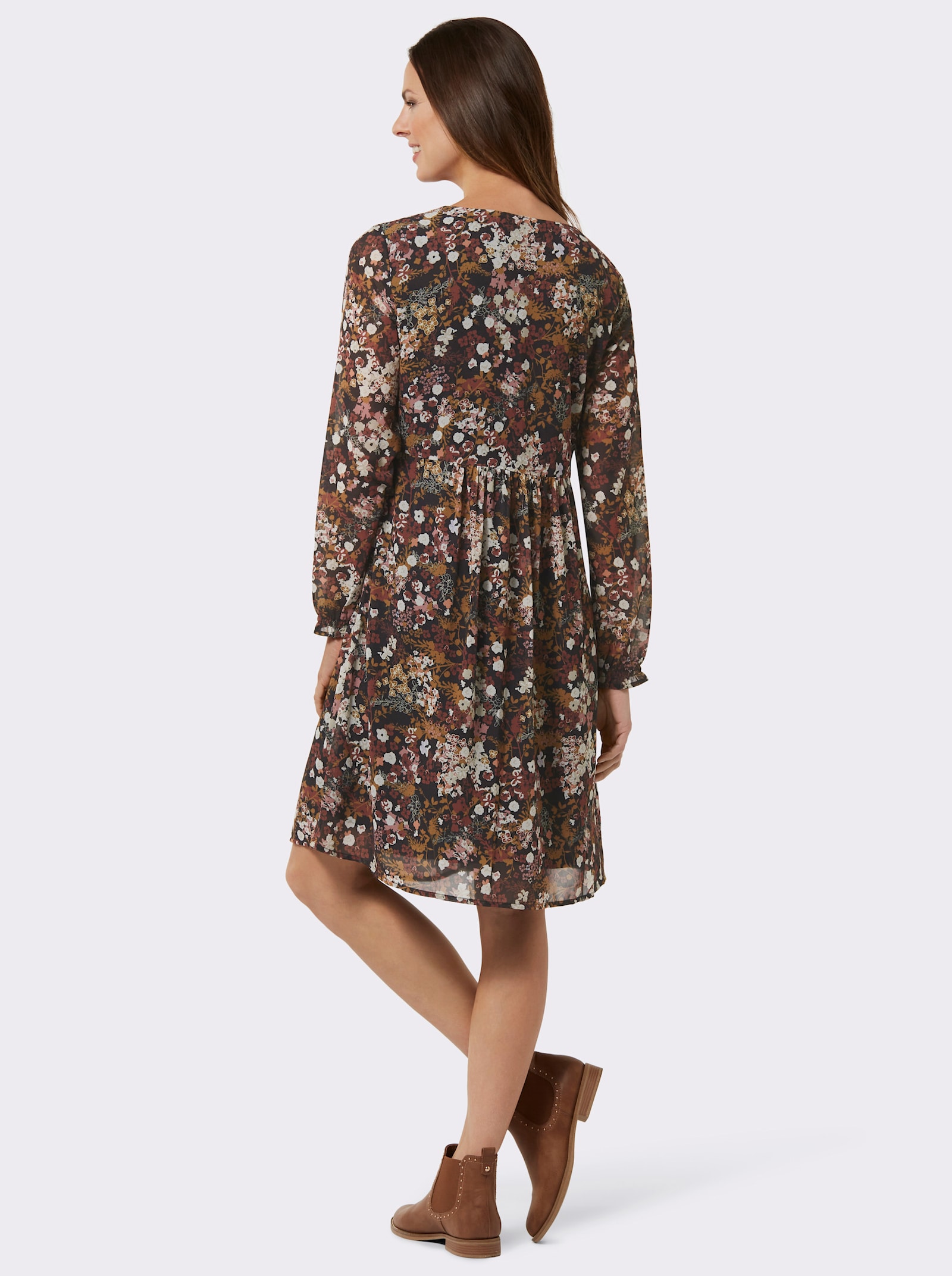 Druckkleid mit Smokabschluss an den Ärmeln - schwarz-bedruckt