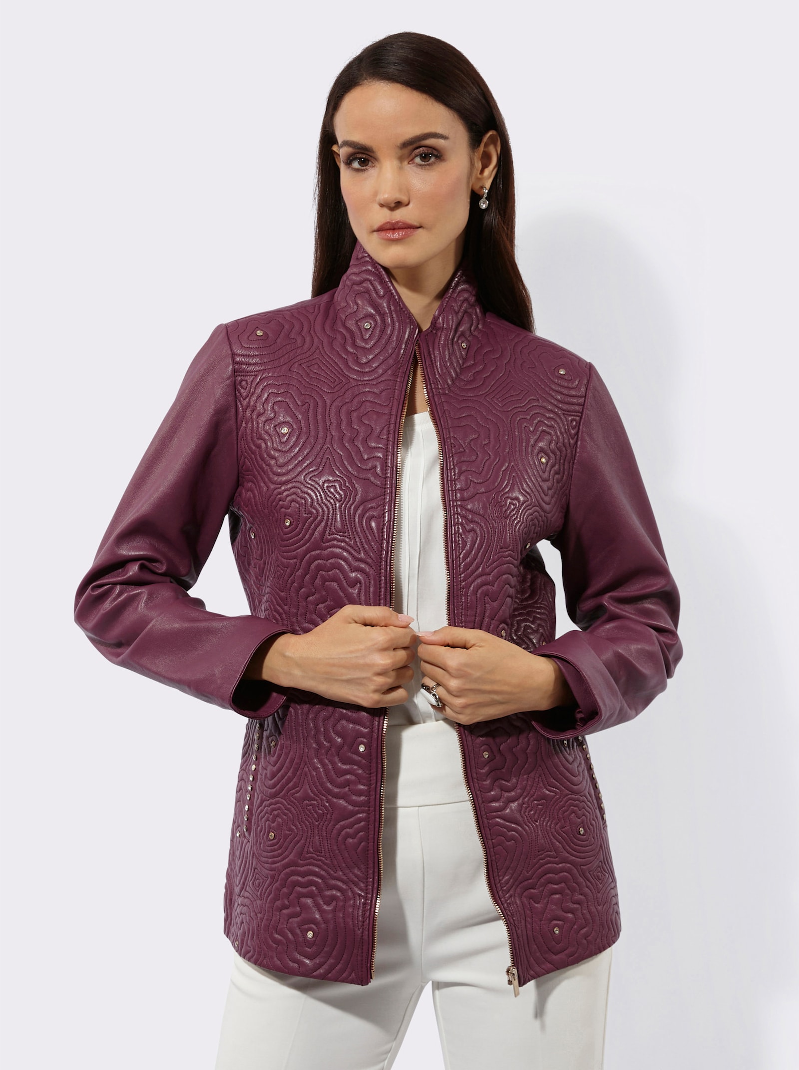 Mainpol Lederjacke mit Blütenstickerei - bordeaux