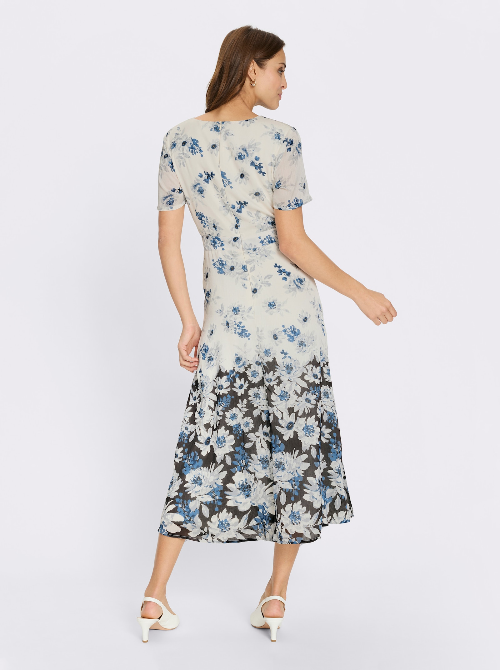 Satinkleid mit Bordüren-Druck - champagner-marine-bedruckt