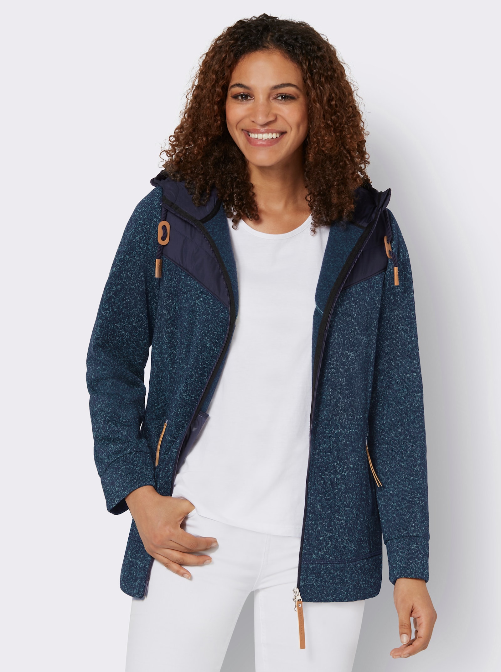 Fleecejacke im Material-Mix - türkis-marine-meliert