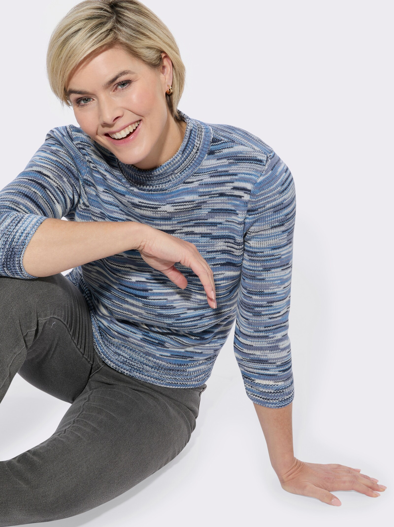 Stehkragenpullover in Melange-Optik - weiß-marine-meliert