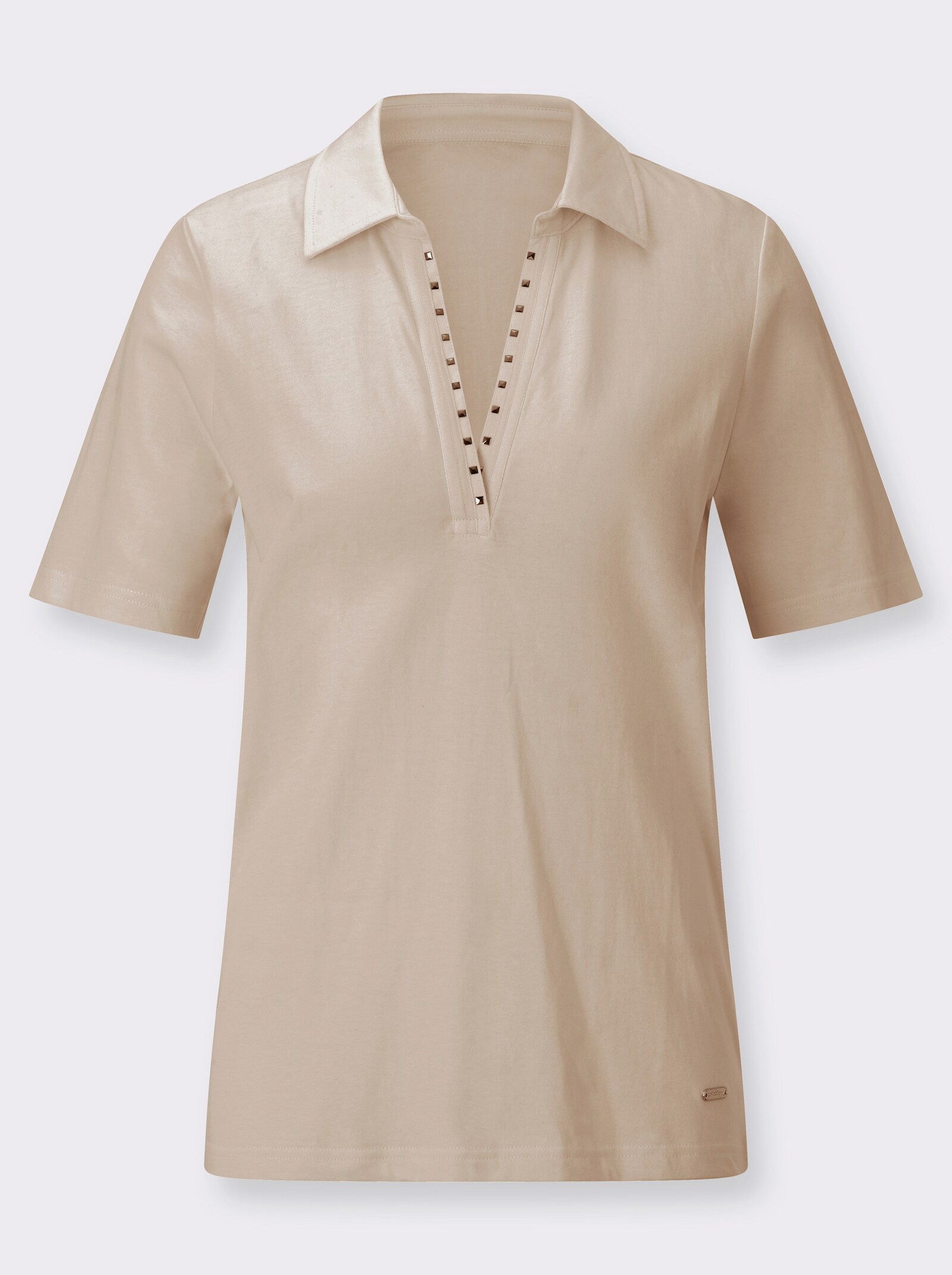 Poloshirt mit Rüschen und Nietenbesatz - sesam