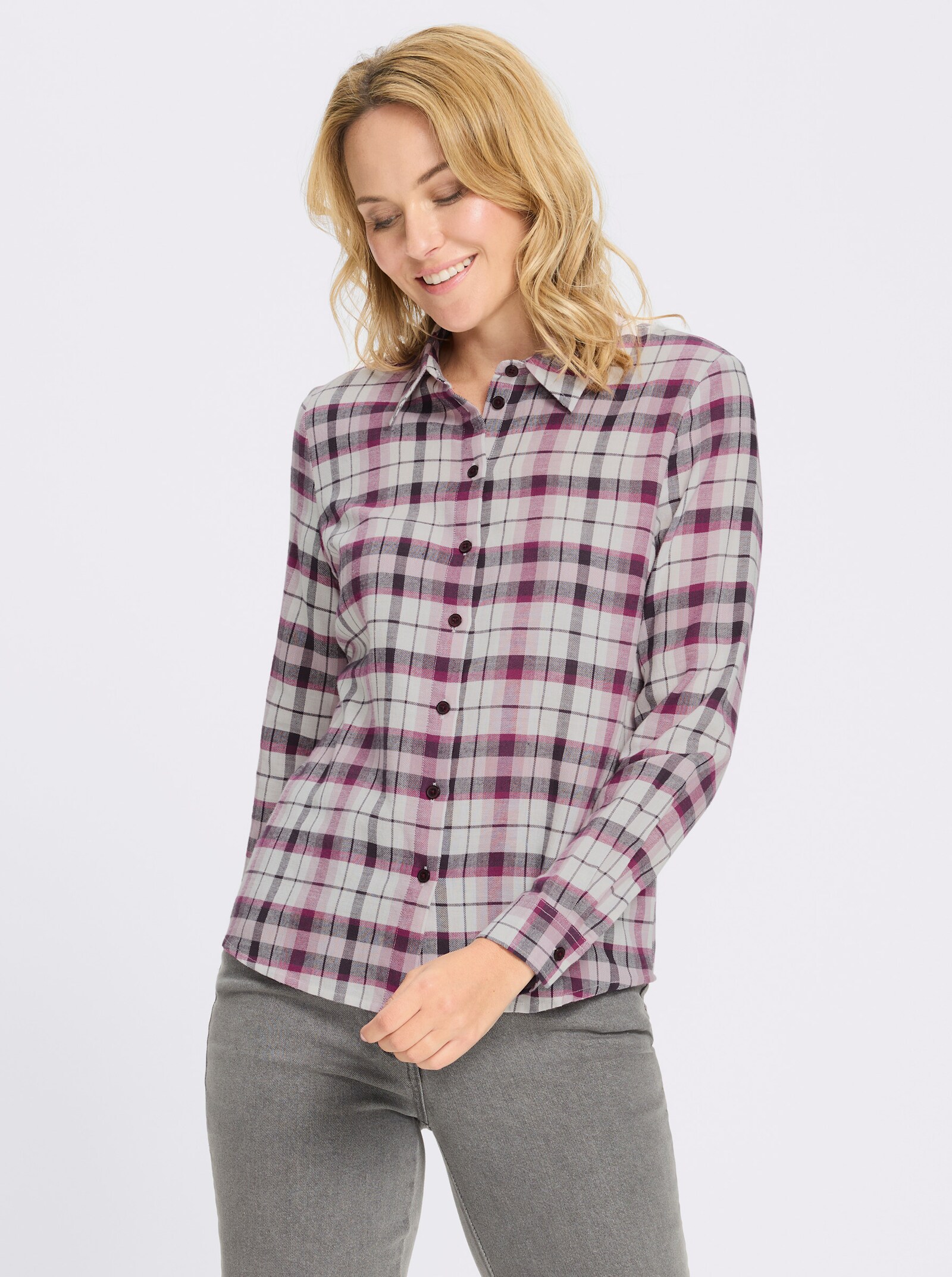 Flanellbluse aus reiner Baumwolle, Webkaro - ecru-aubergine-kariert