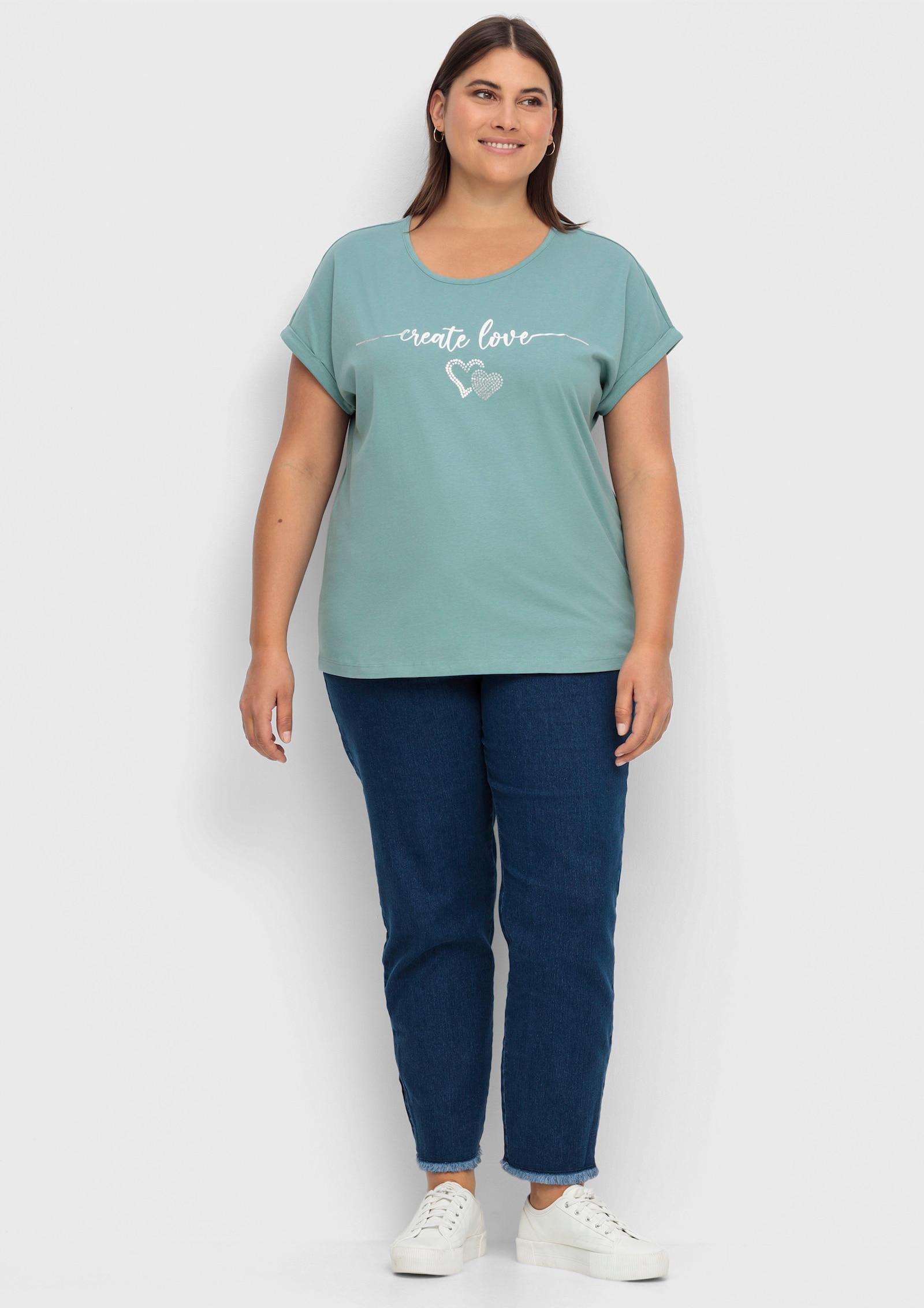 Rundhalsshirt mit Ärmel-Aufschlag - jade