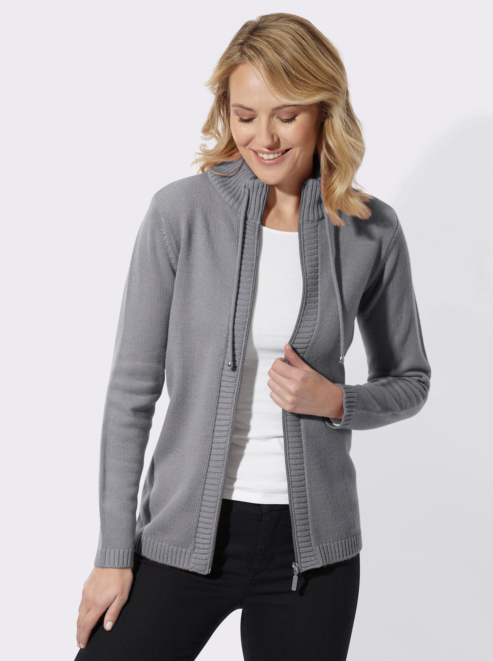 Strickjacke mit Reißverschluss - steingrau-meliert