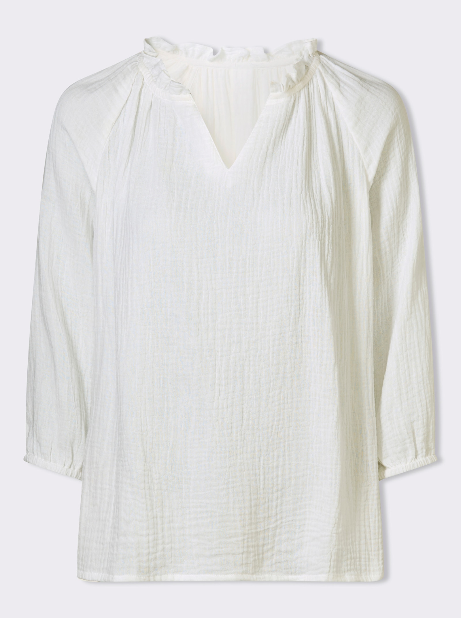 Schlupf-Bluse mit Rüschen am Ausschnitt - weiss