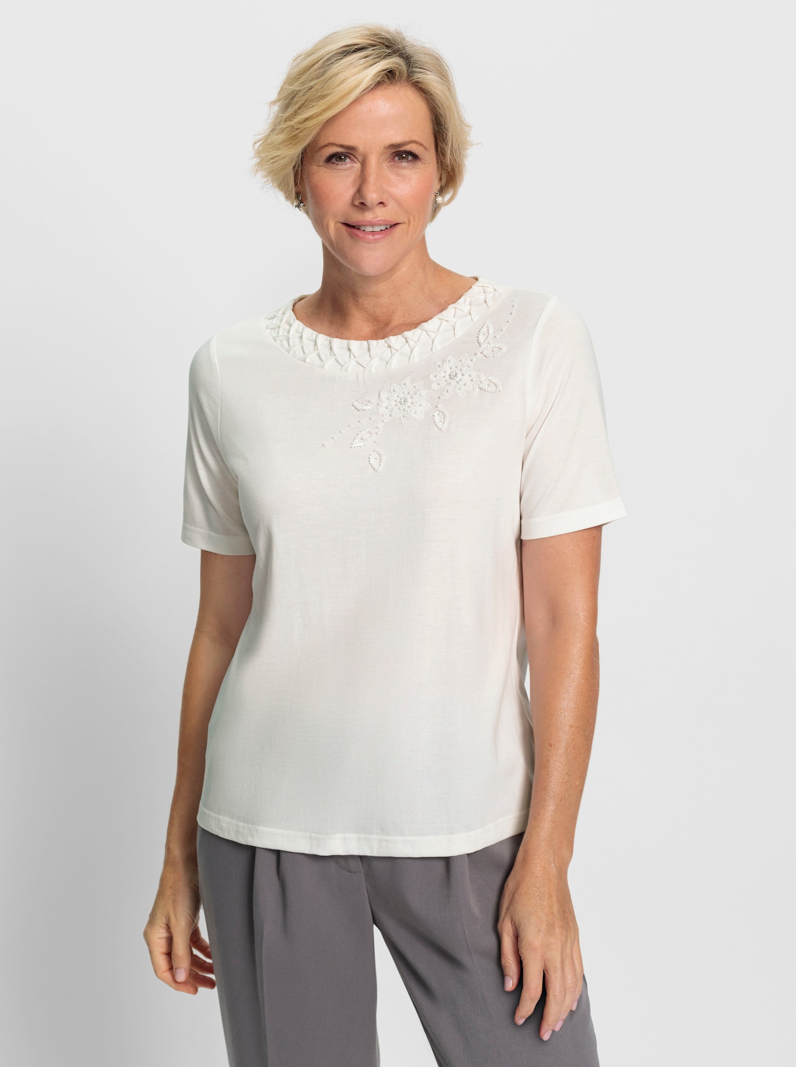 Shirt met ronde hals en bloemenborduursel - ecru