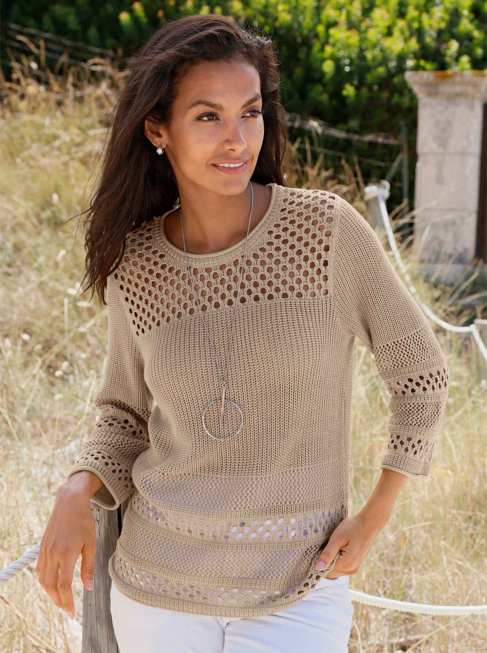 Ajourpullover mit Rollkanten - beige