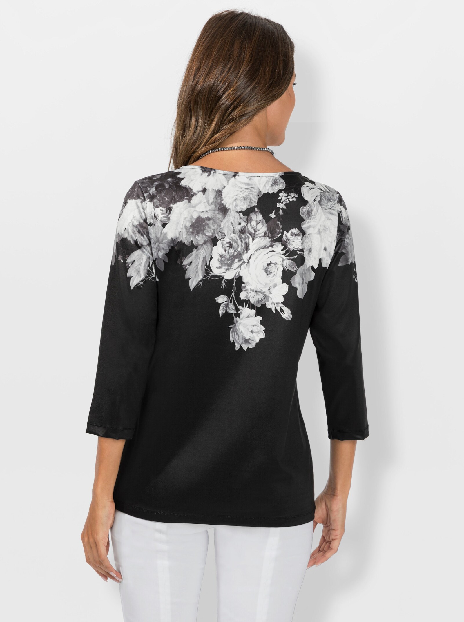 3/4-Arm-Shirt mit weitem V-Ausschnitt - schwarz-ecru-bedruckt