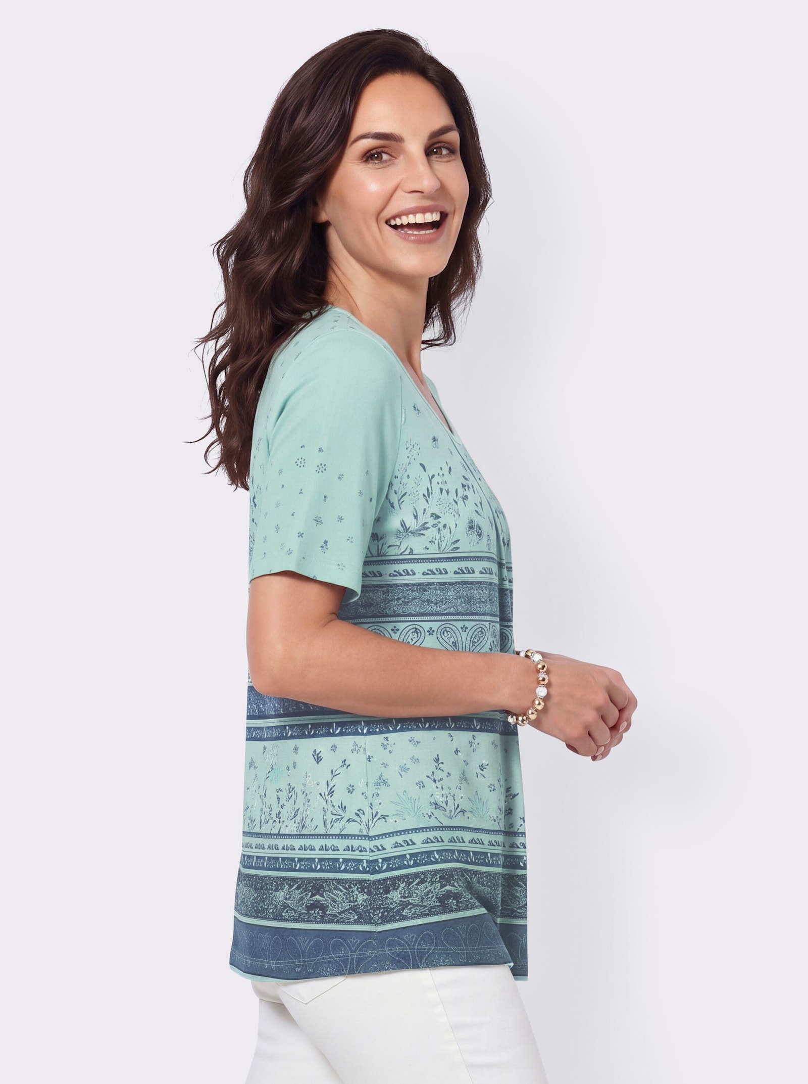Tunikashirt in A-Silhouette - mint-dunkelblau-bedruckt