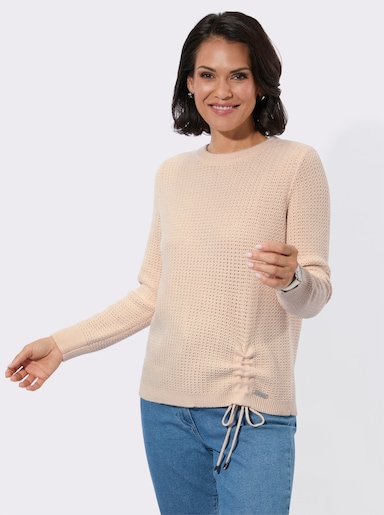 Rundhalspullover mit Schnürung am Saum - elfenbein