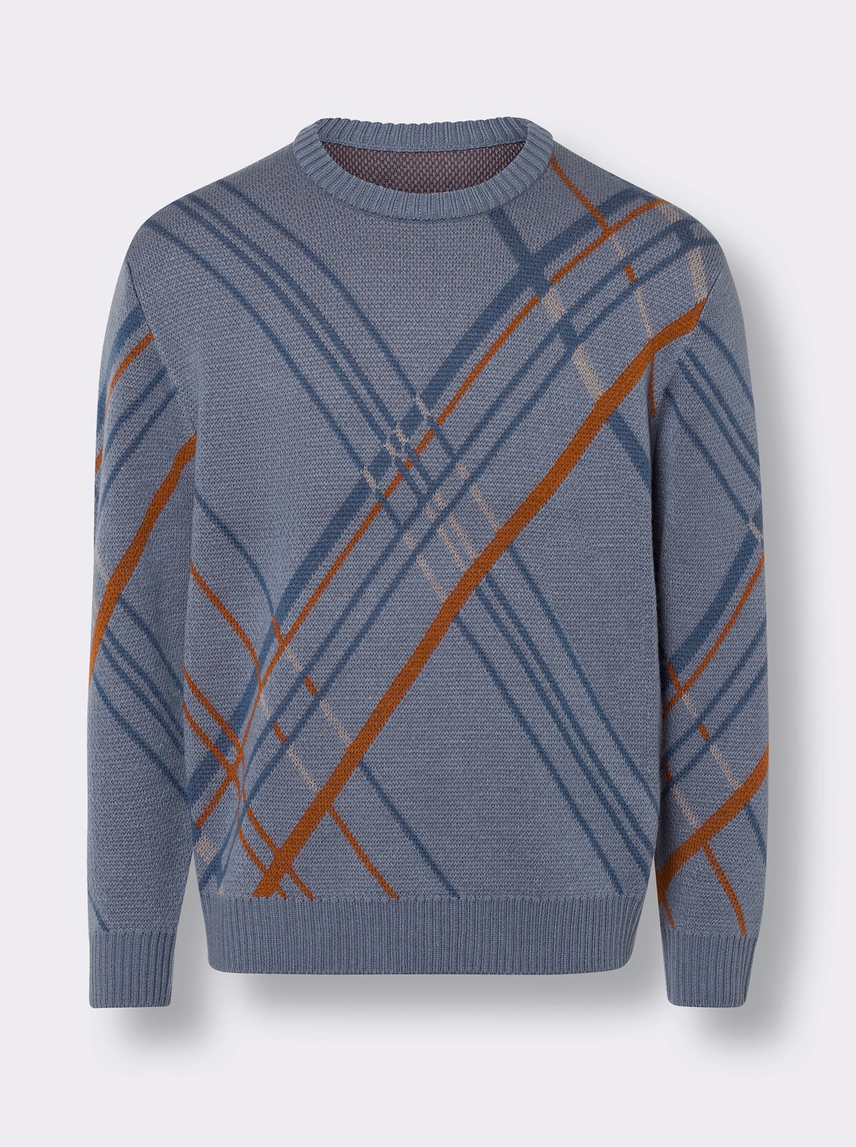 Rundhals-Pullover - taubenblau-cognac-gemustert