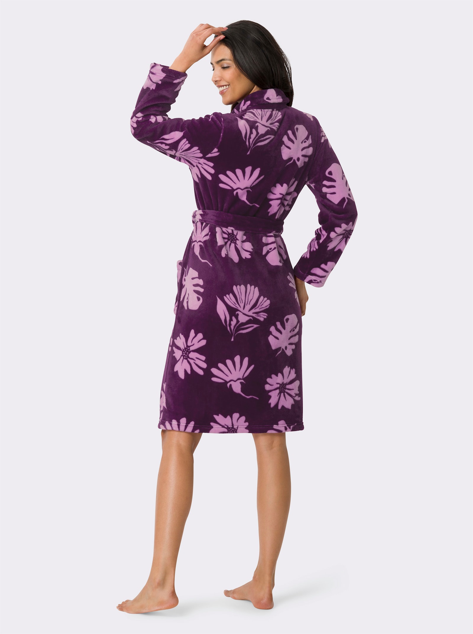 Morgonrock i fleecematerial - druva-orkidé-med tryck