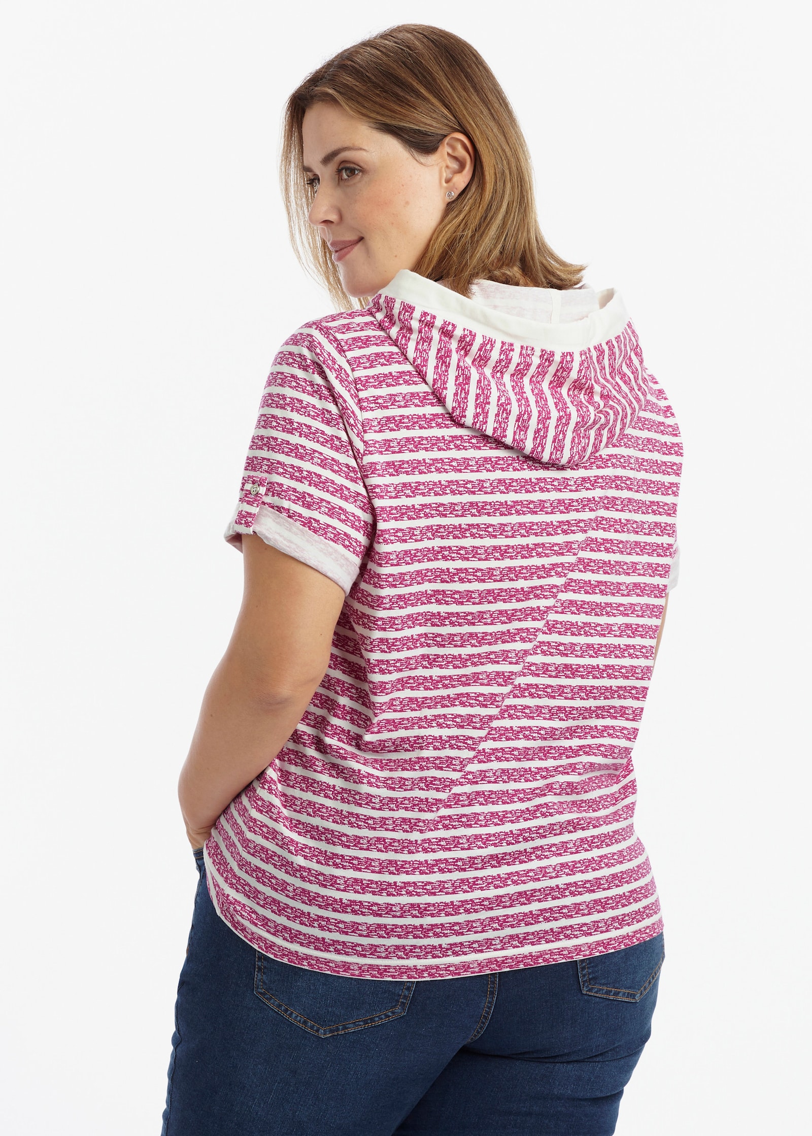 Kapuzenshirt aus reiner Baumwolle - magenta-ecru-geringelt