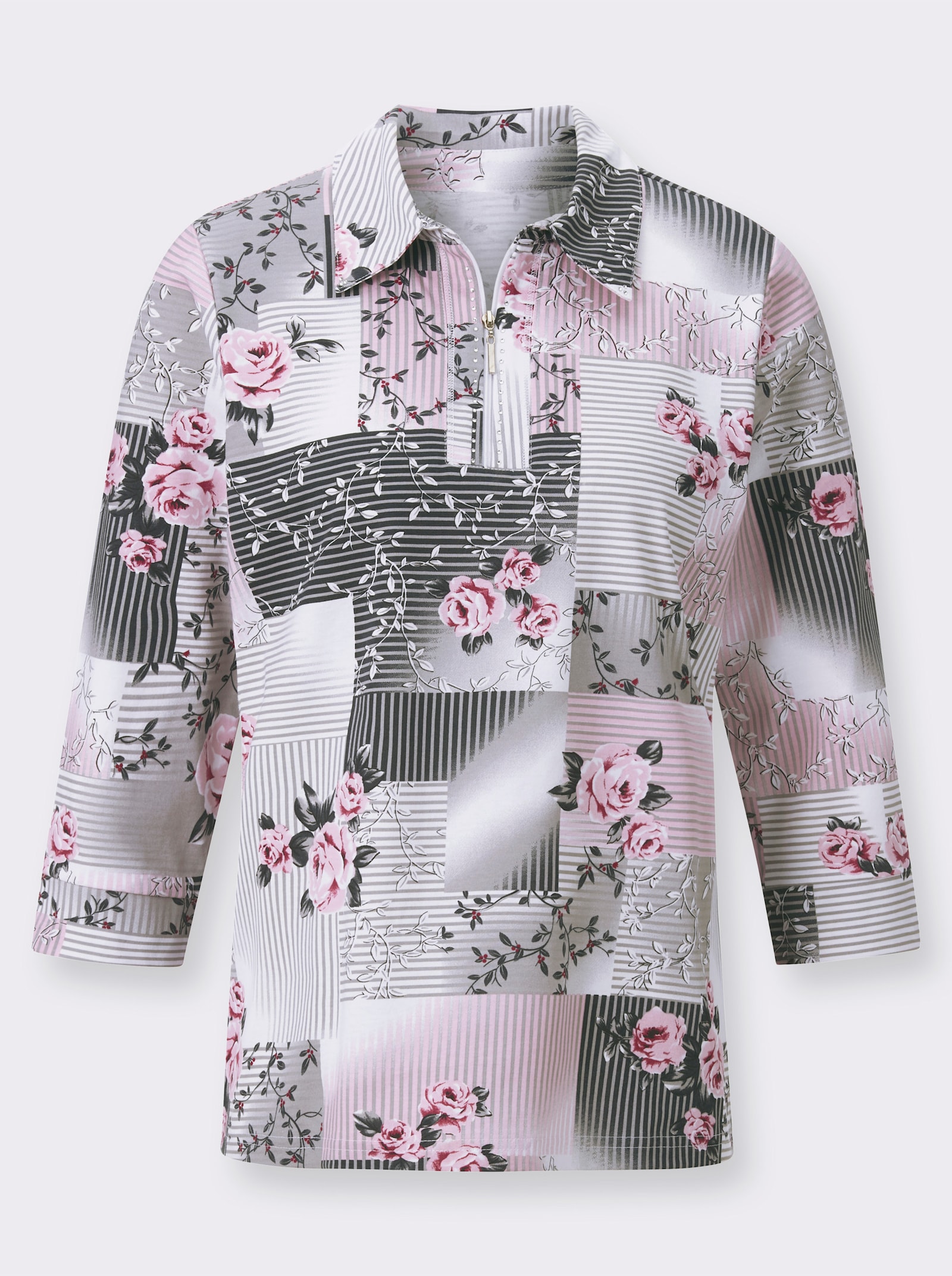 Tričko s 3/4 rukávmi a lesklými kamienkami - Ružovo-tmavosivá potlač