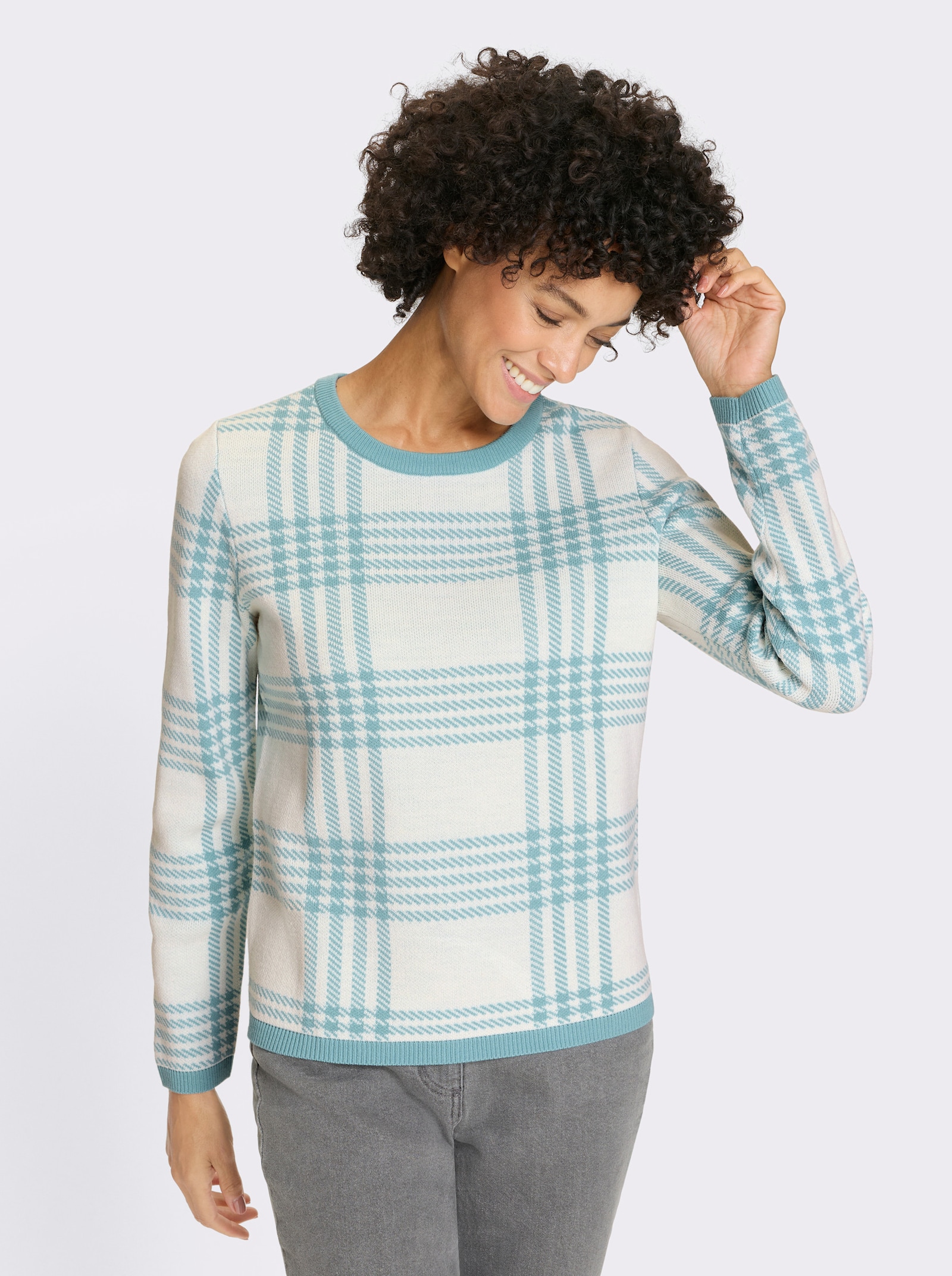 Pulóver, okr. výstrih, vzor káro-žakár - oceán-ekru. vzor.