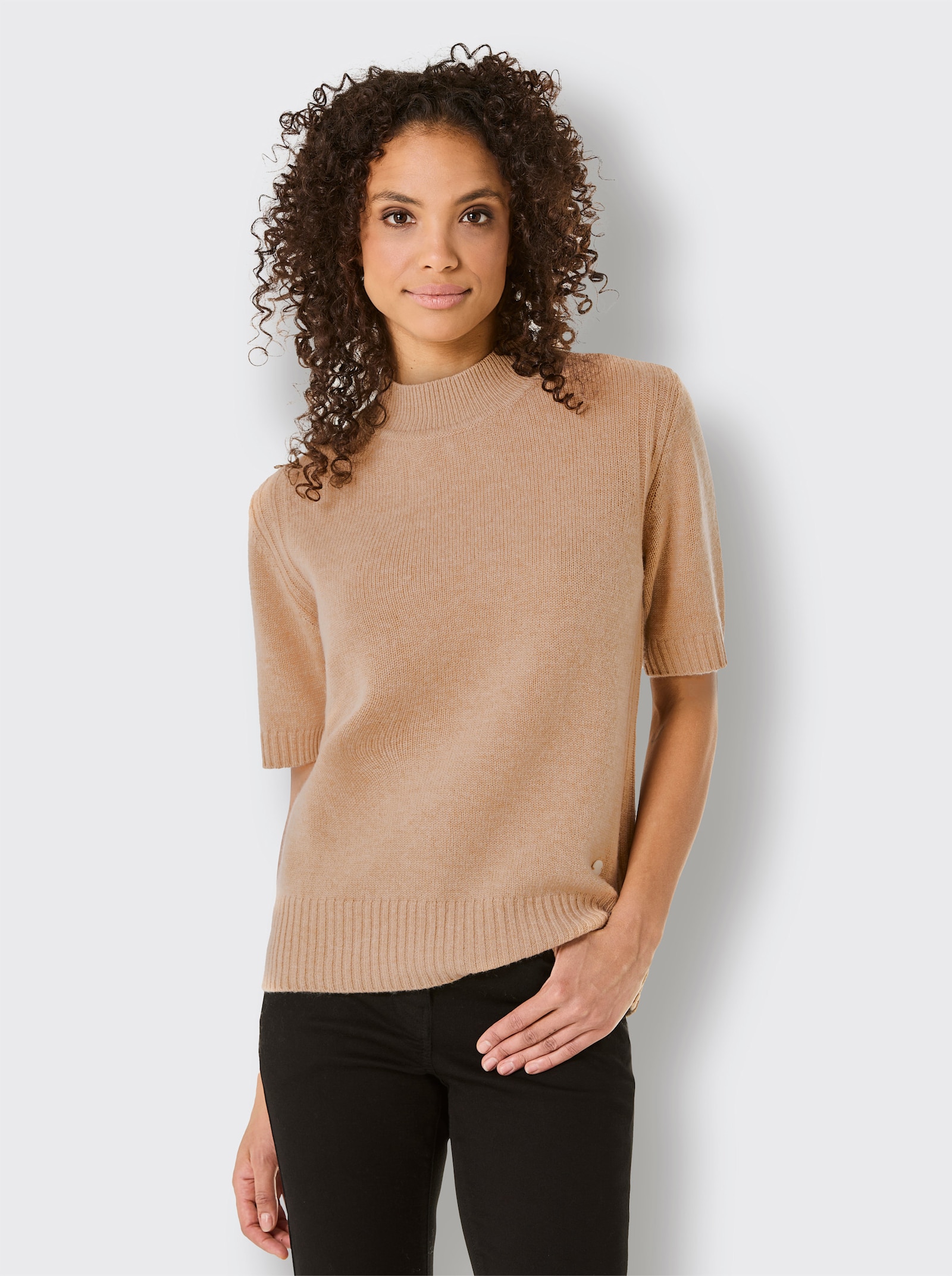 CREATION L PREMIUM Kurzarmpullover Mit geripptem Einsatz - camel-meliert