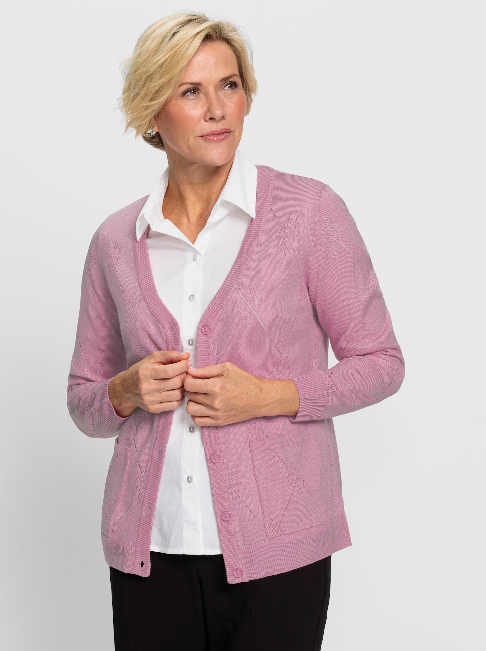 Ajourstrickjacke mit Rautenmuster - rosé