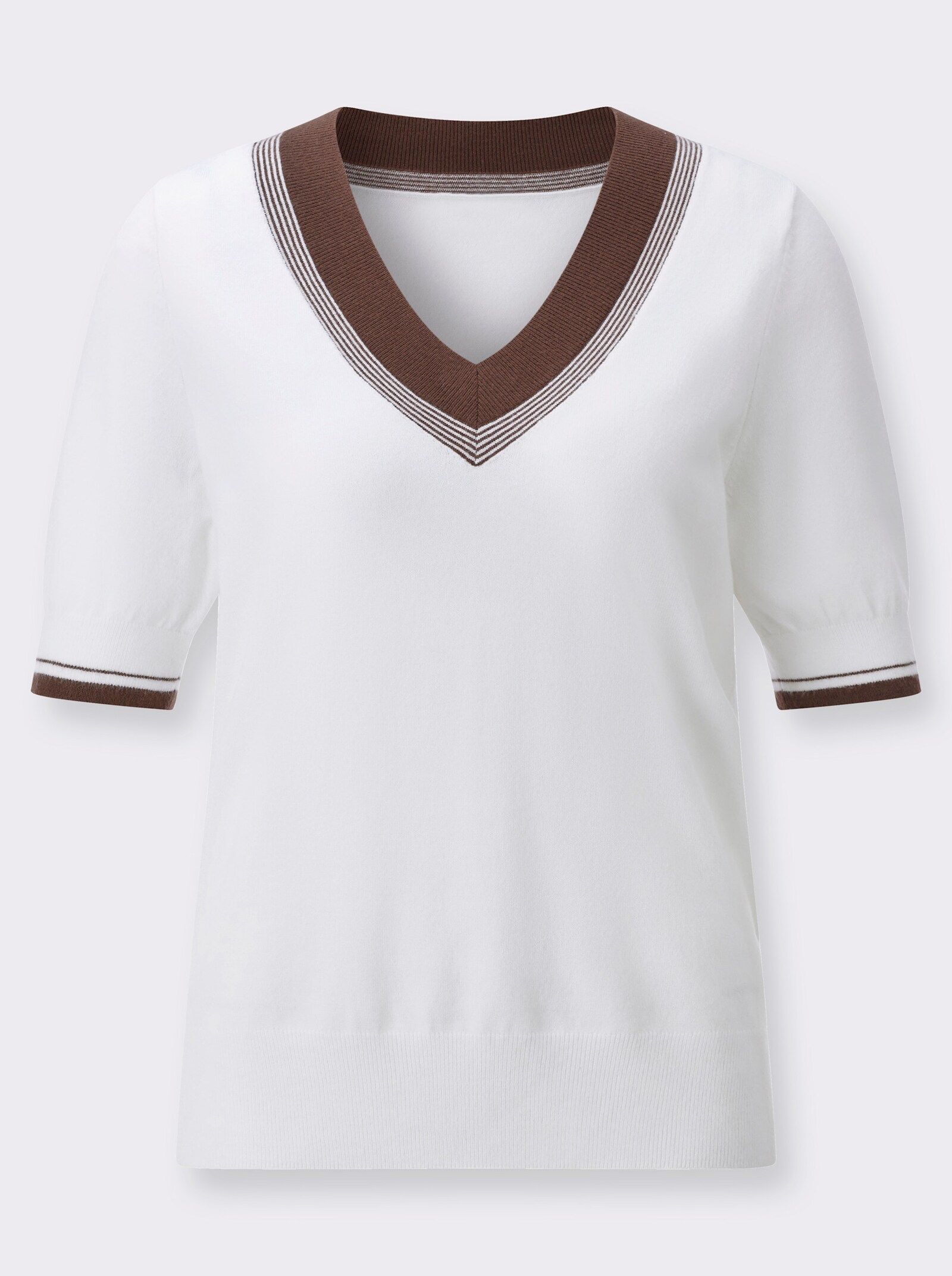 V-Ausschnitt-Pullover in Feinstrick-Qualität - ecru-schoko