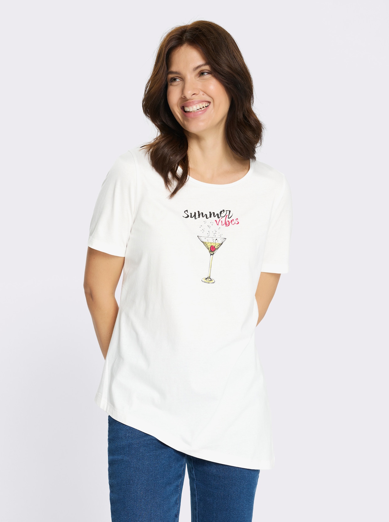 Tunikashirt mit schrägem Saum - ecru-pink