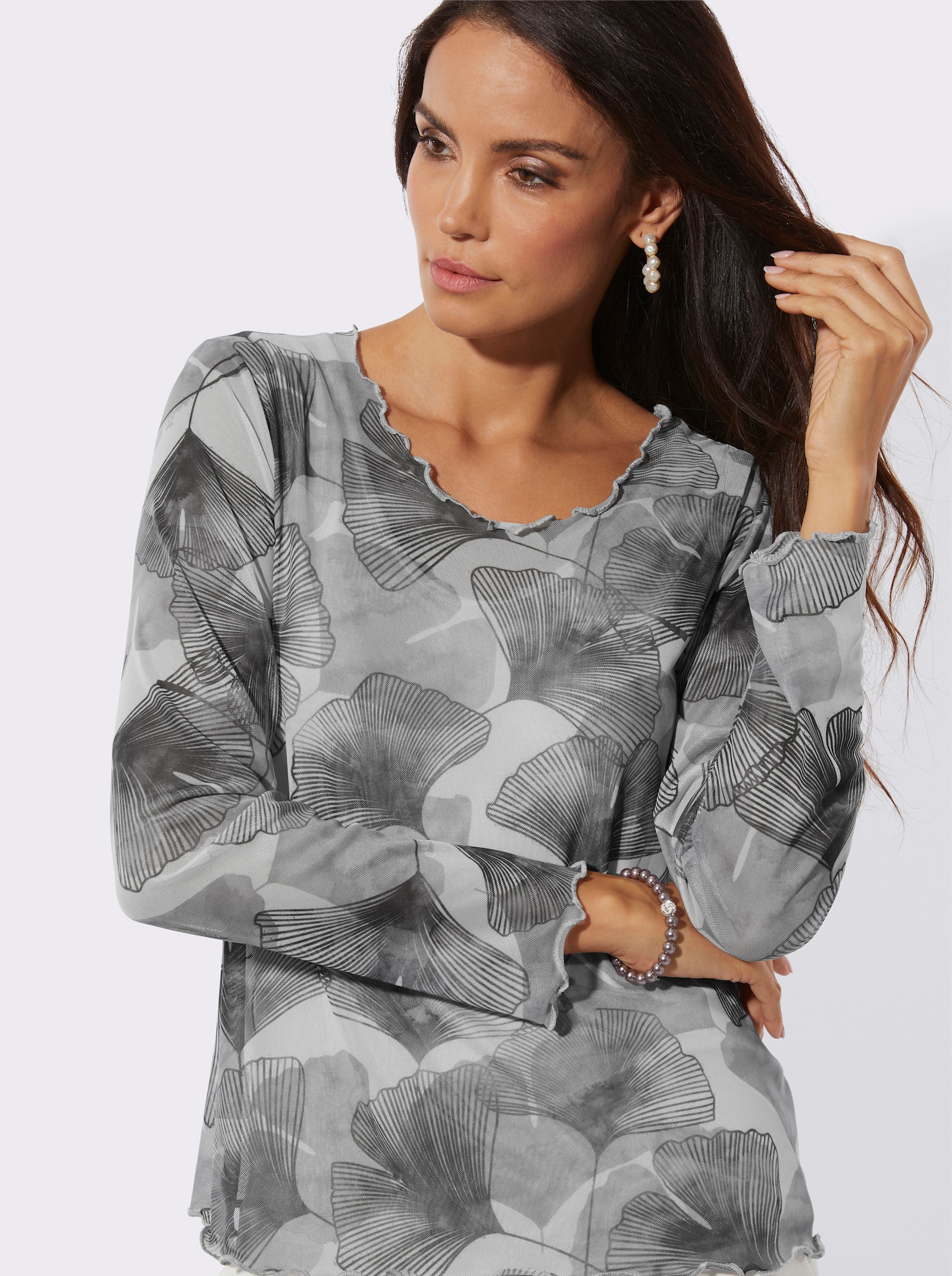 T-shirt à manches longues avec débardeur cousu - gris clair imprimé