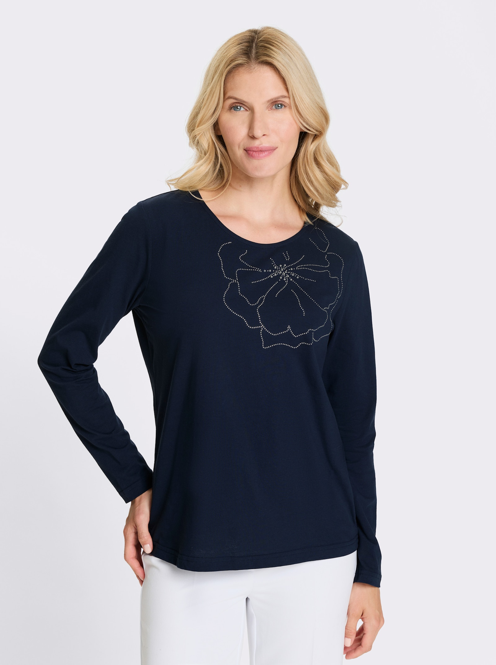 Tričko s dlhými rukávmi a ozdobnými kamienkami - námornícka modrá