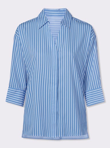 Lange blouse met stolpplooi achter - wit/hemelsblauw gestreept