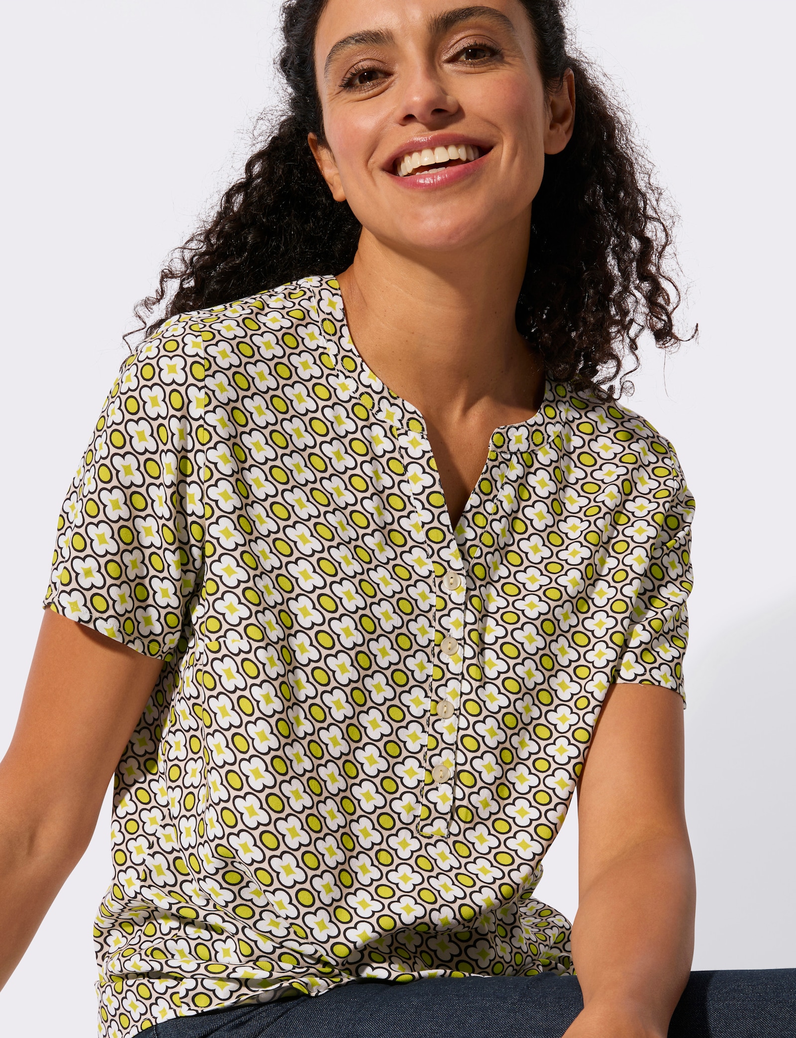 Kurzarmbluse in Schlupfform - sand-limone-bedruckt