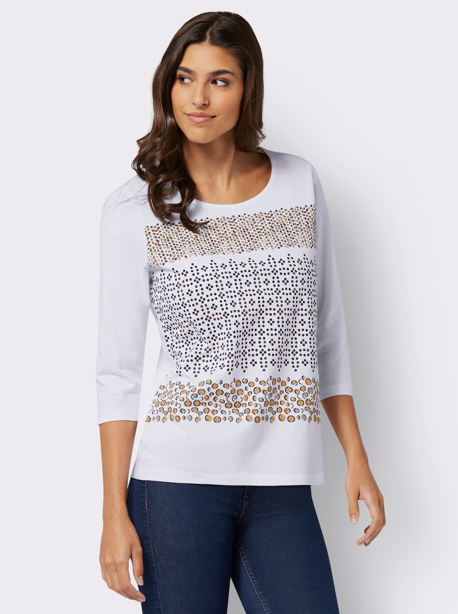 Topp med 3/4-ärm och placerat tryck - gräddvit-kamel