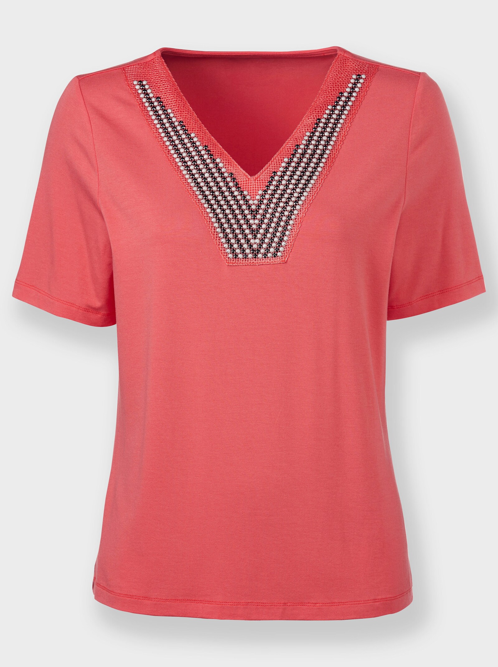 Kurzarmshirt mit Zierperlen-Applikation - grapefruit