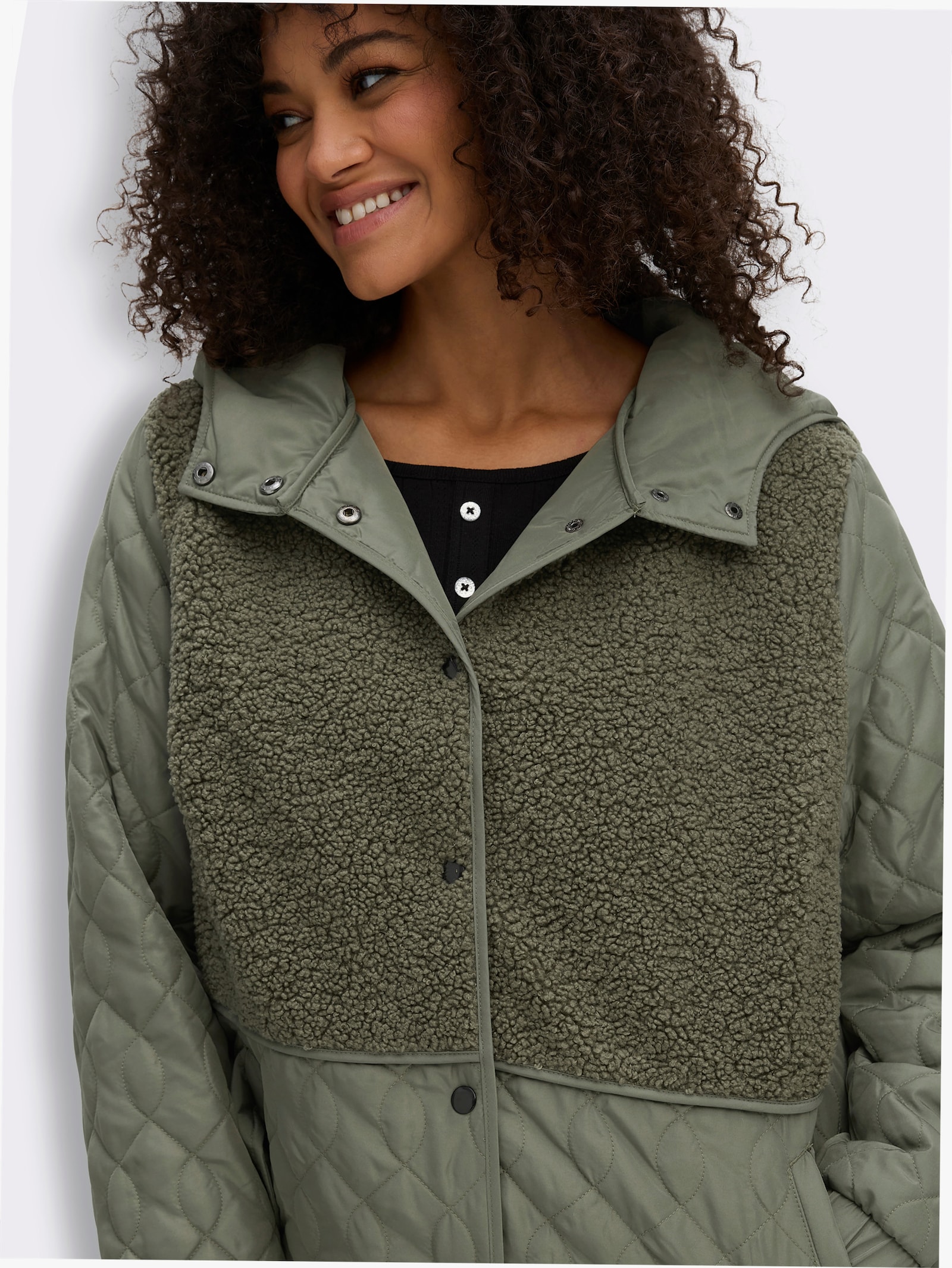 Steppjacke mit Teddy-Fleece - khaki