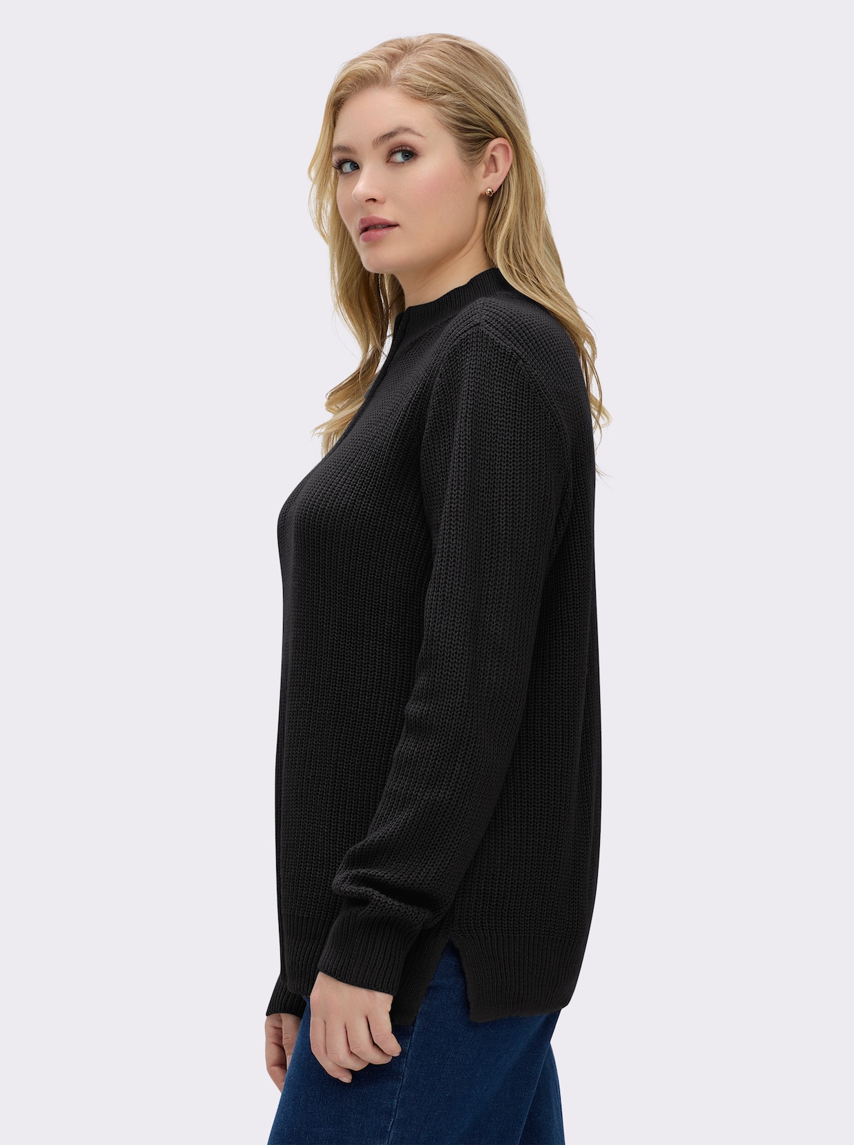 Stehkragenpullover in Patentstrick - schwarz