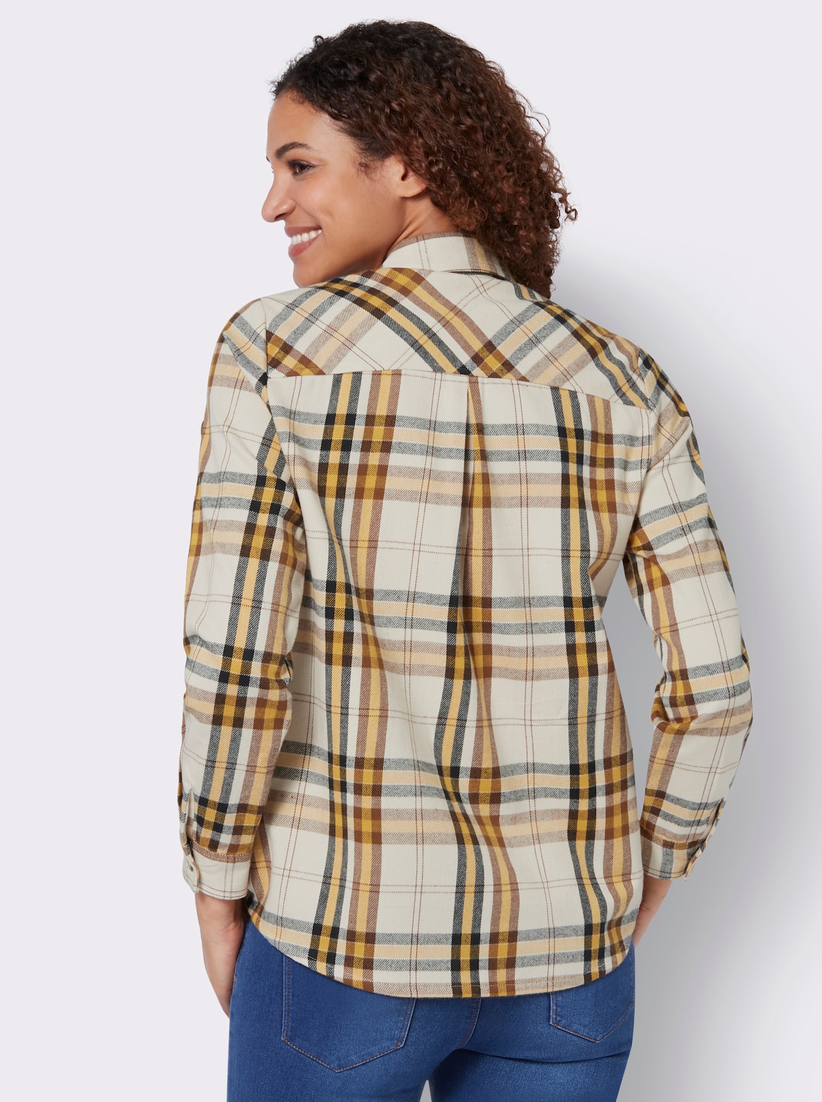 Flanellen blouse met meerkleurige geweven ruit - oker/ivoor geruit
