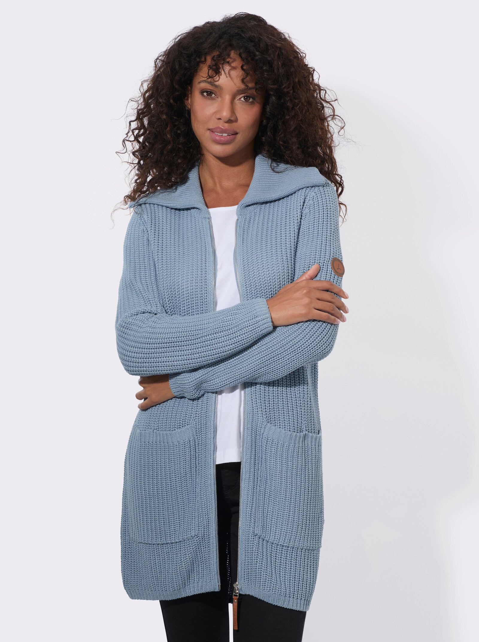 Longstrickjacke mit Umlegekragen - bleu