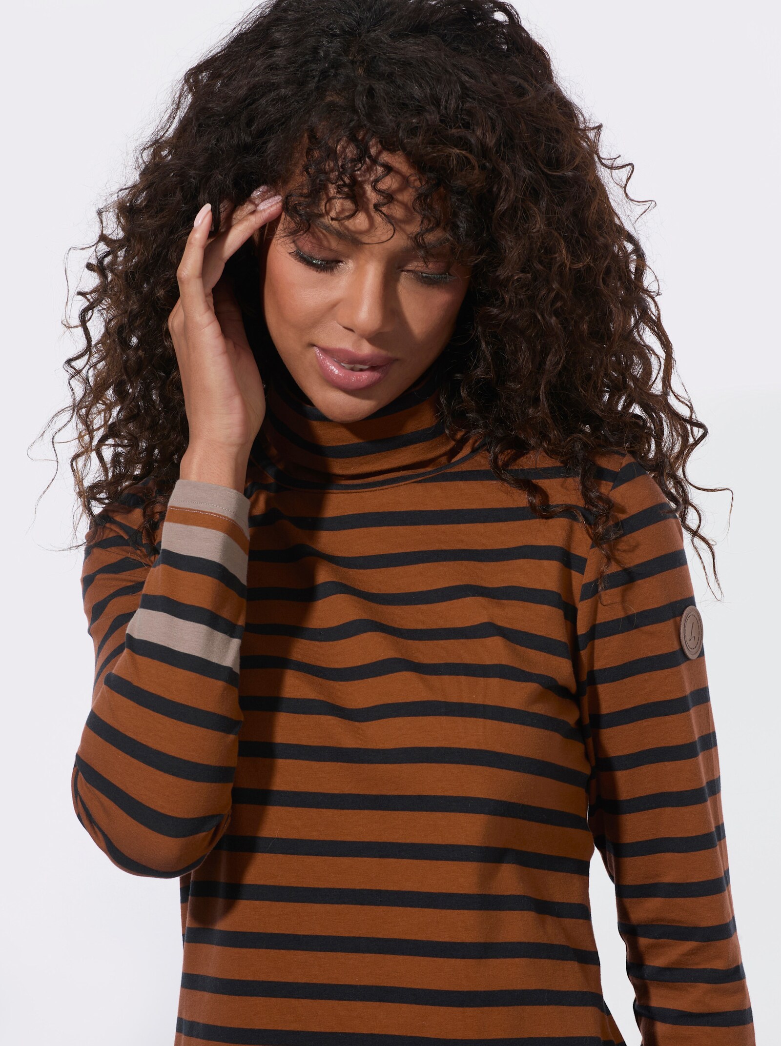 Ringelshirt mit Rollkragen - cognac-schwarz-geringelt