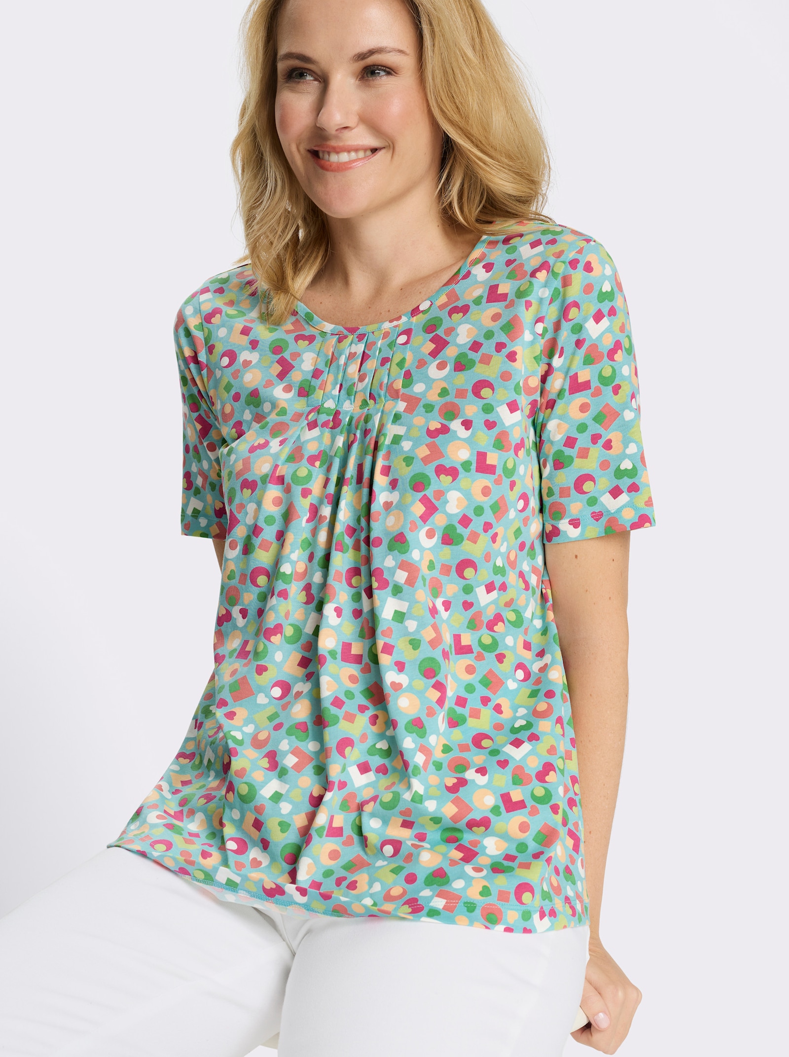 Kurzarmshirt im bunten Allover-Print - aquamarin-apfel-bedruckt