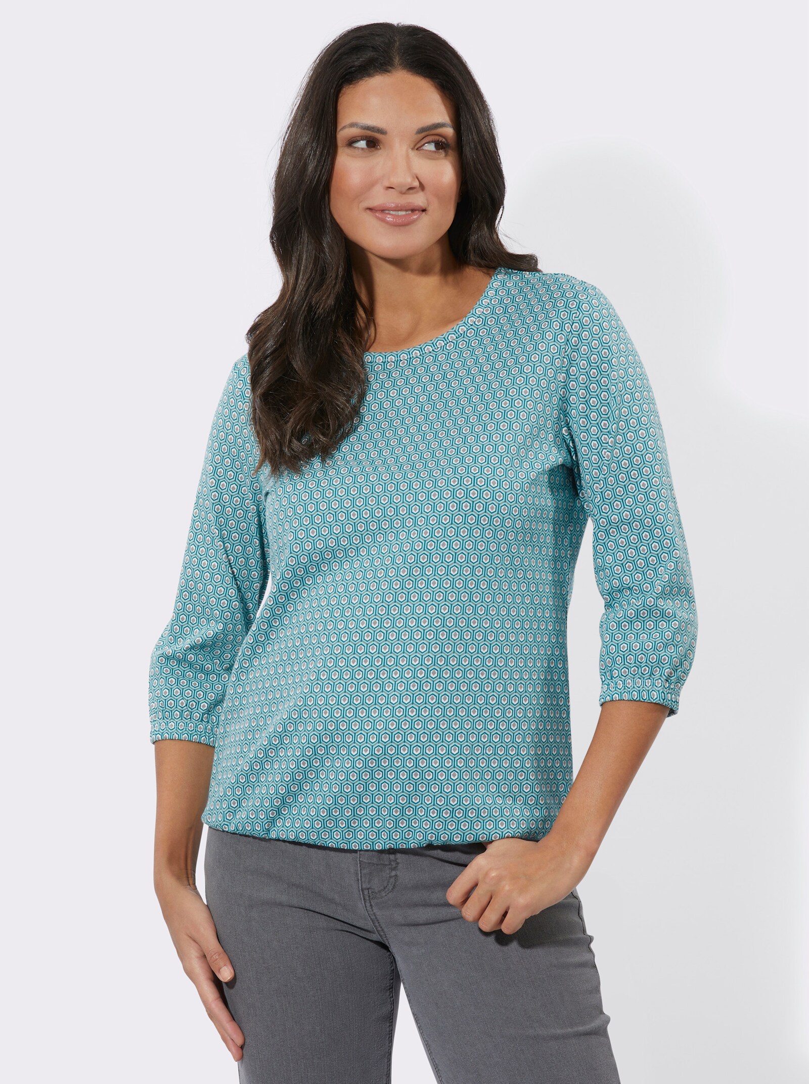 Tričko s 3/4 rukávem a drobným vzorem - mátová-petrolejová-potisk