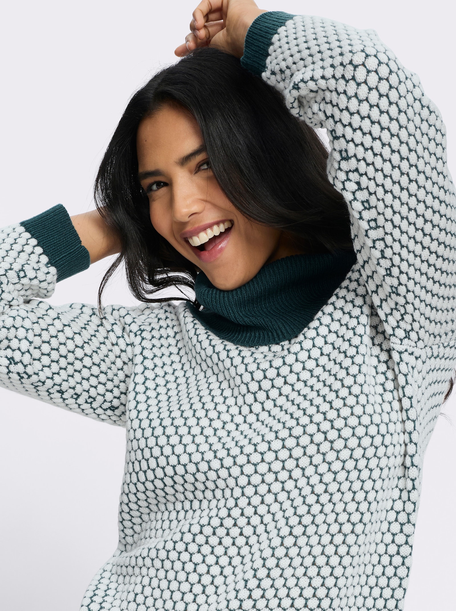 Rollkragenpullover mit Strukturmuster - petrol-ecru-gemustert