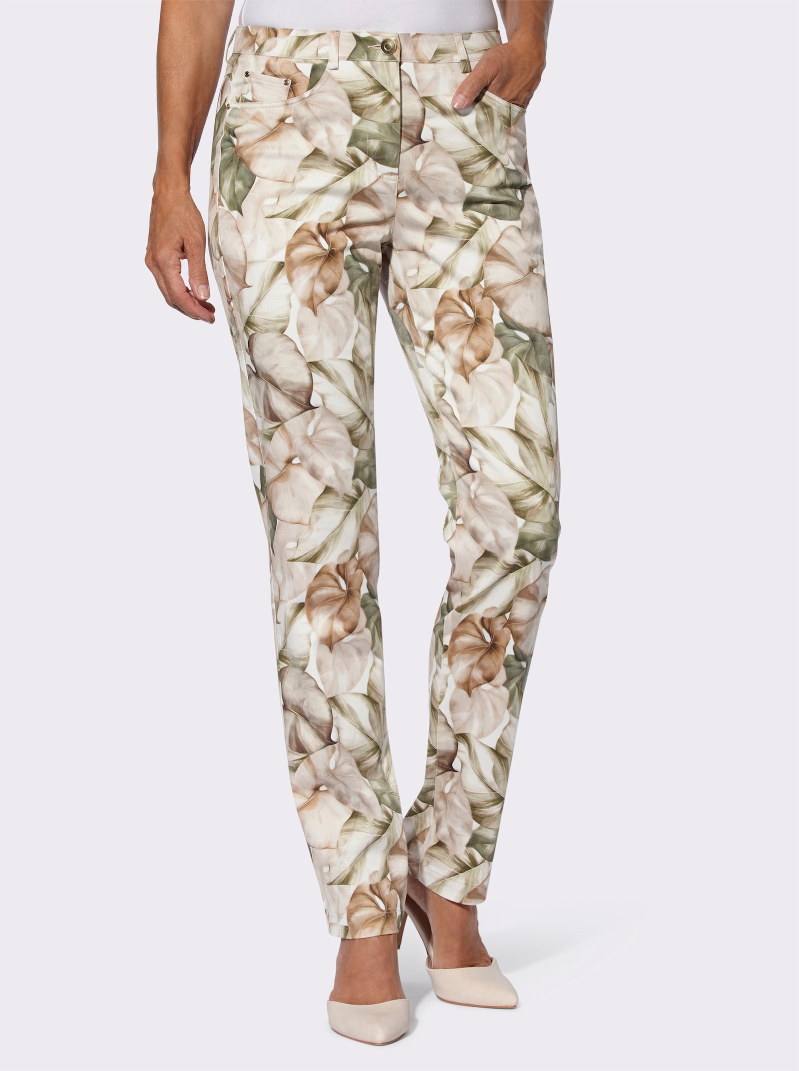 Broek met print in bladdessin - ecru/kaki geprint