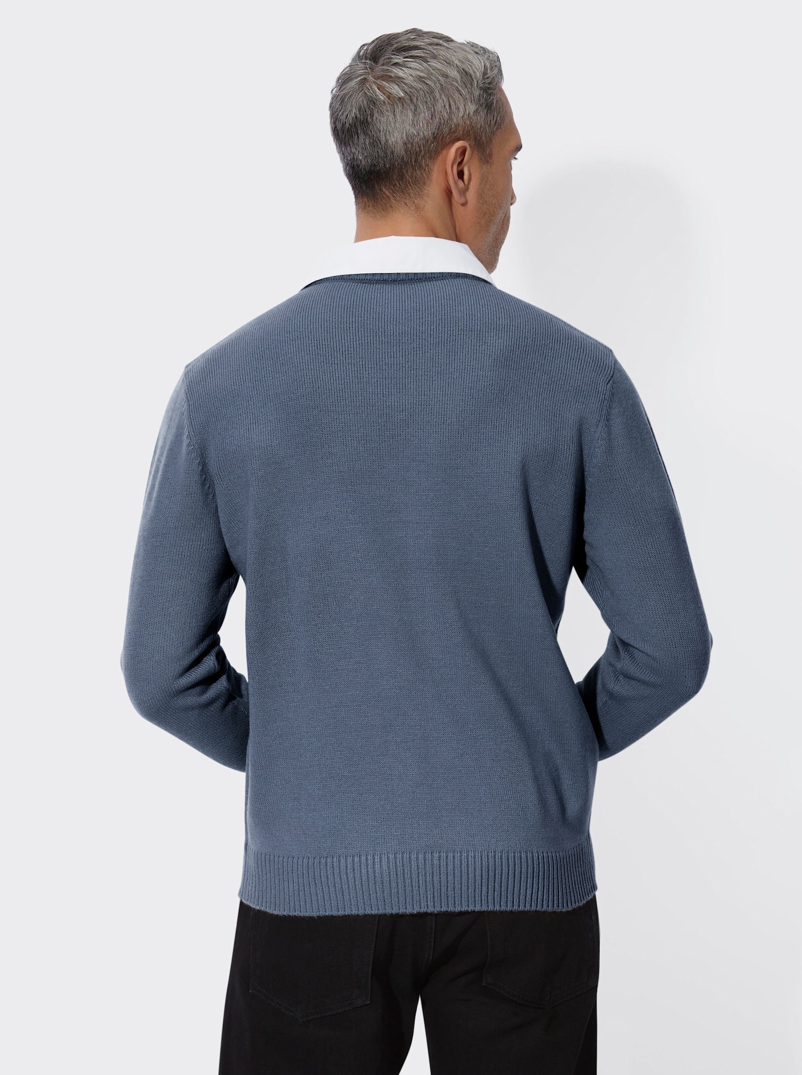 2-in-1-Pullover mit gewebtem Hemdkragen - ecru-rauchblau