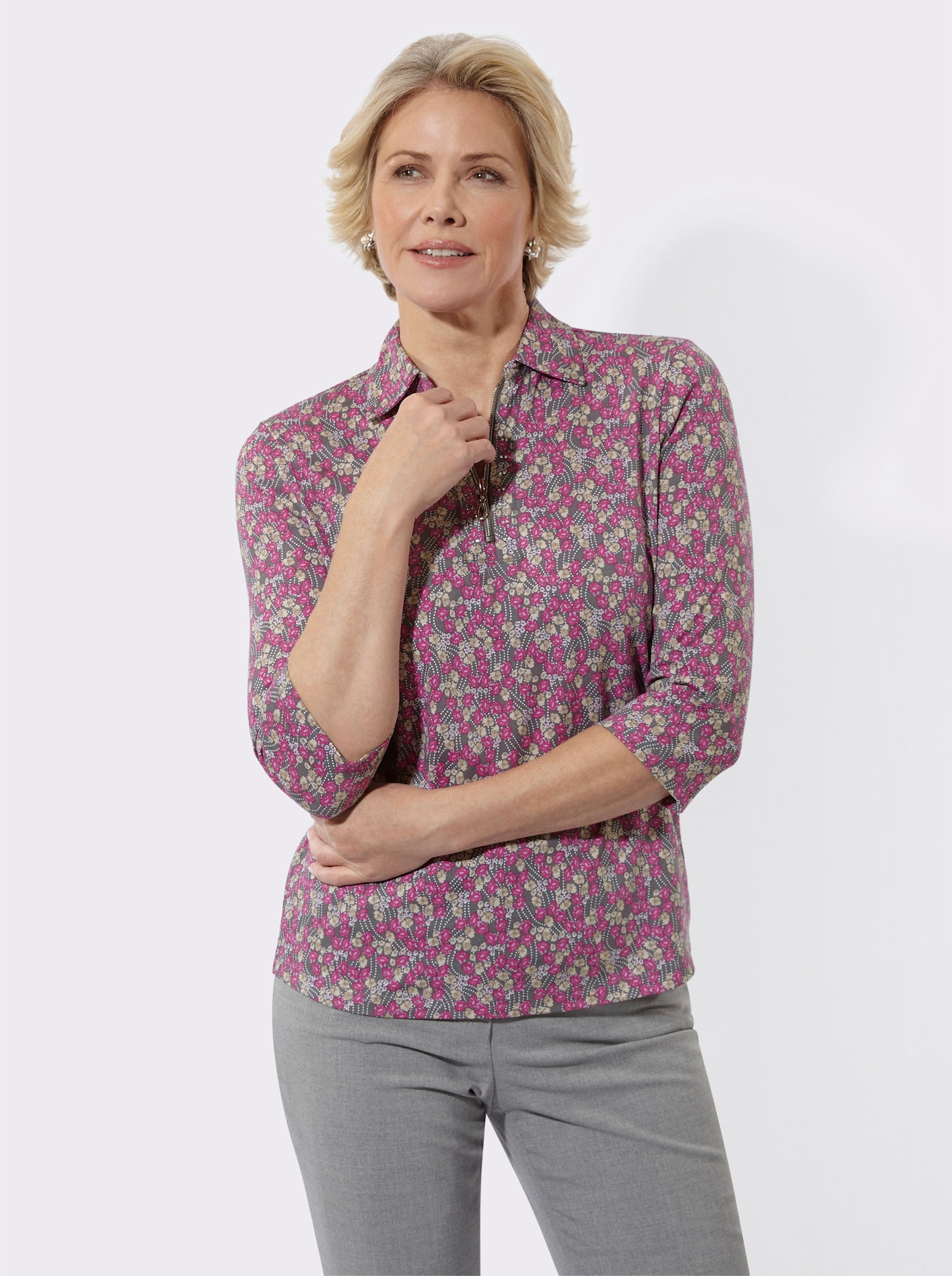 Poloshirt mit Glitzersteinchen - anthrazit-rosé-bedruckt