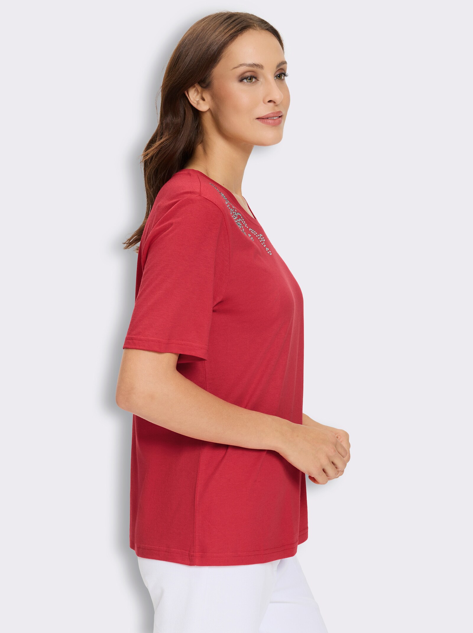 Kurzarmshirt mit Glitzersteinchen - erdbeere