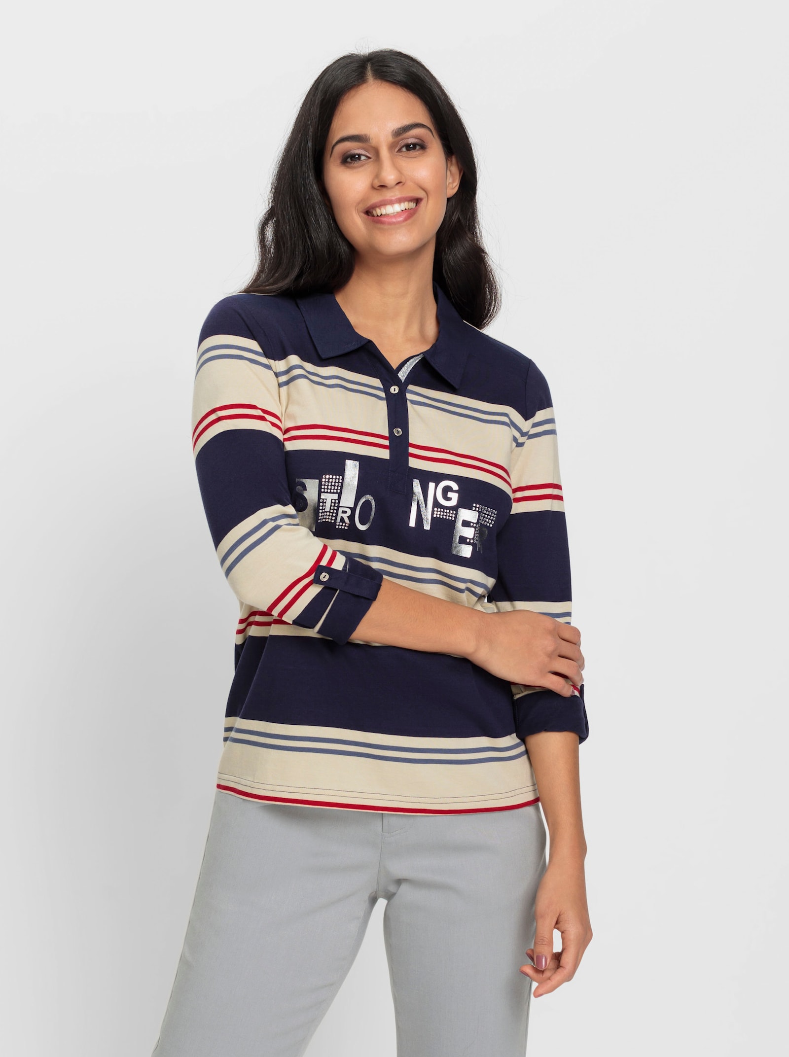 Ringelshirt mit Glitzersteinchen - sand-marine-geringelt