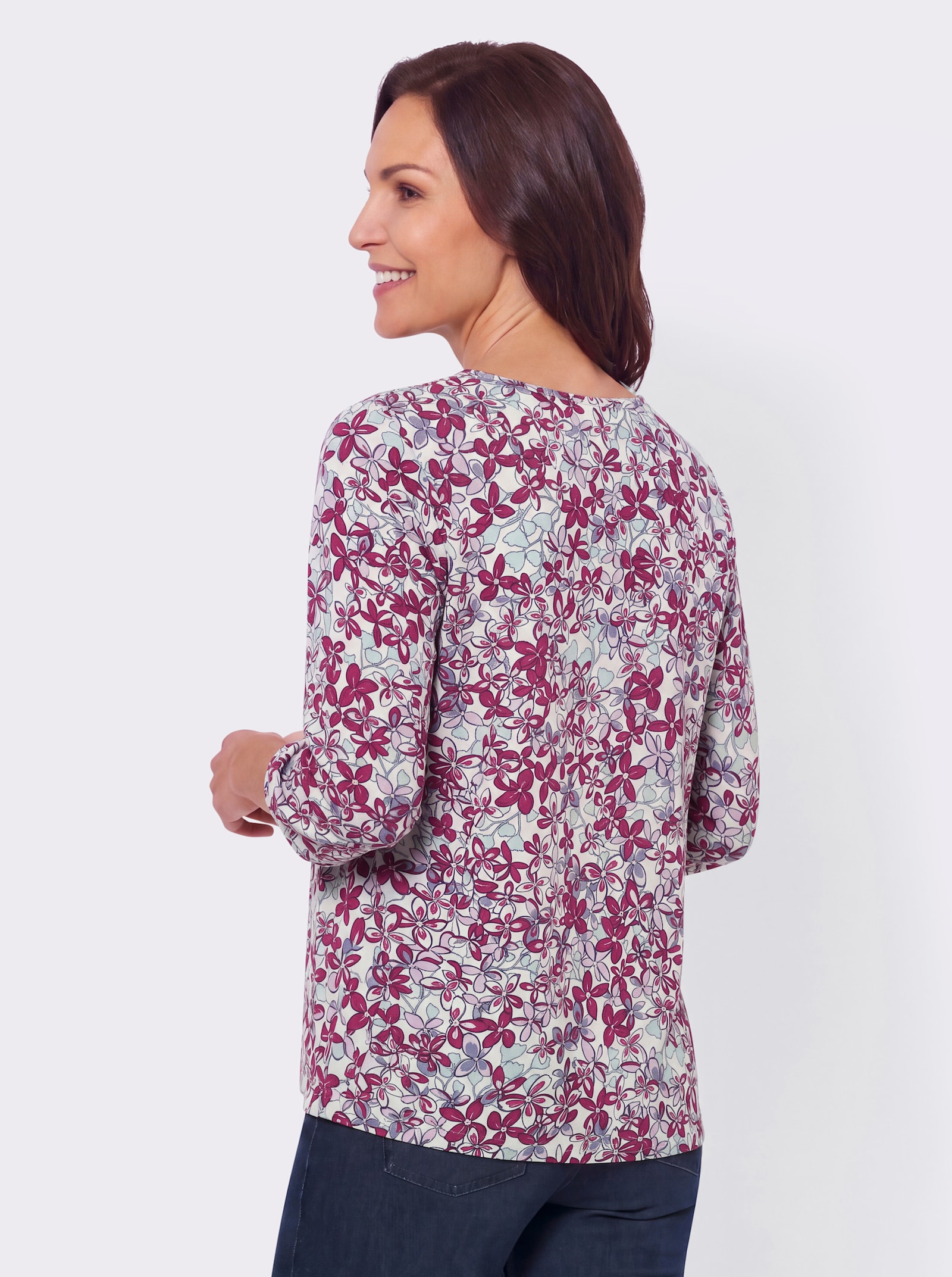 Schlupf-Bluse mit Gummizug an den Ärmeln - rosé-taubenblau-bedruckt
