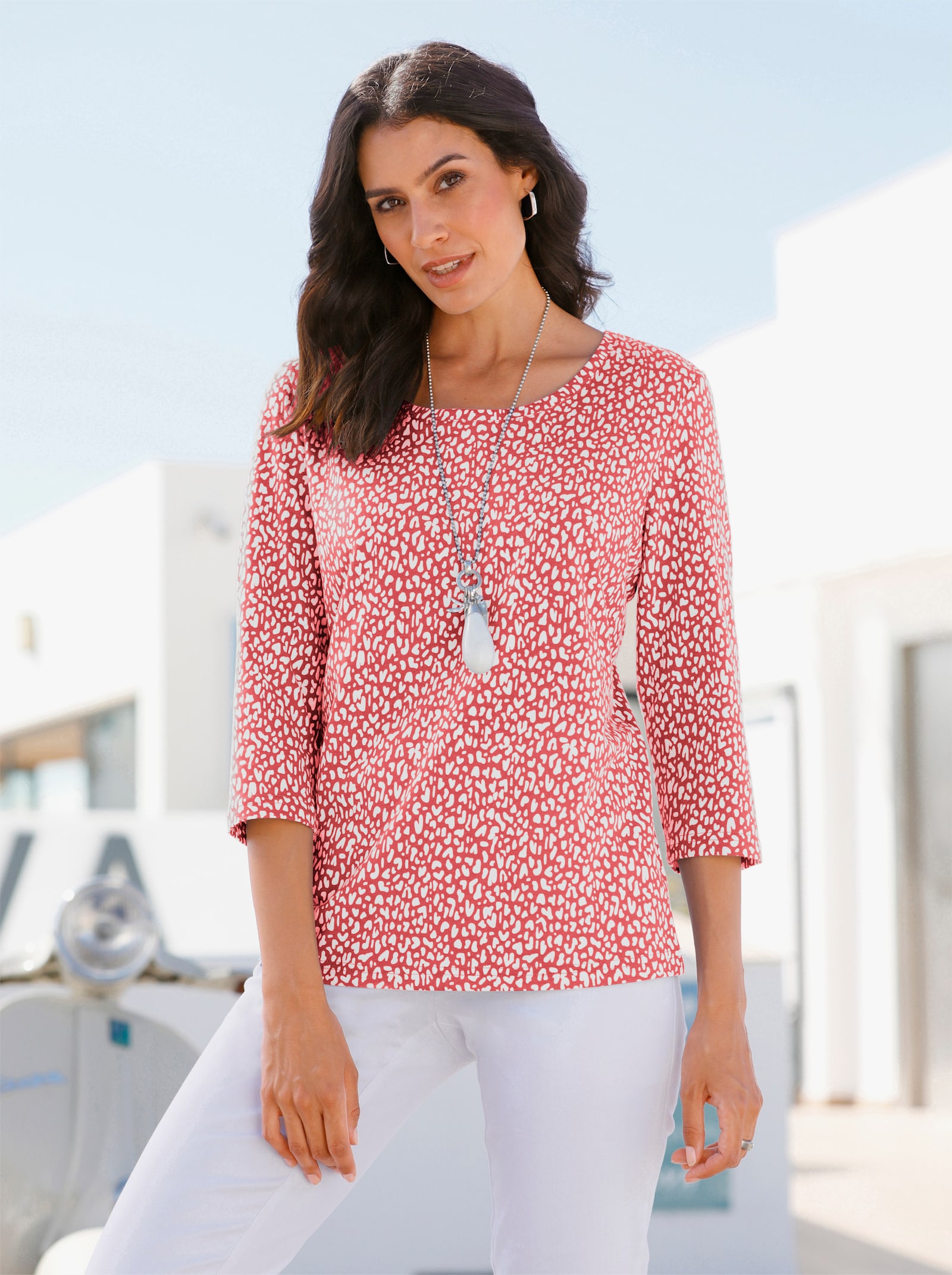 Tričko s 3/4 rukávem a drobným potiskem - bílá-jahodová-potisk